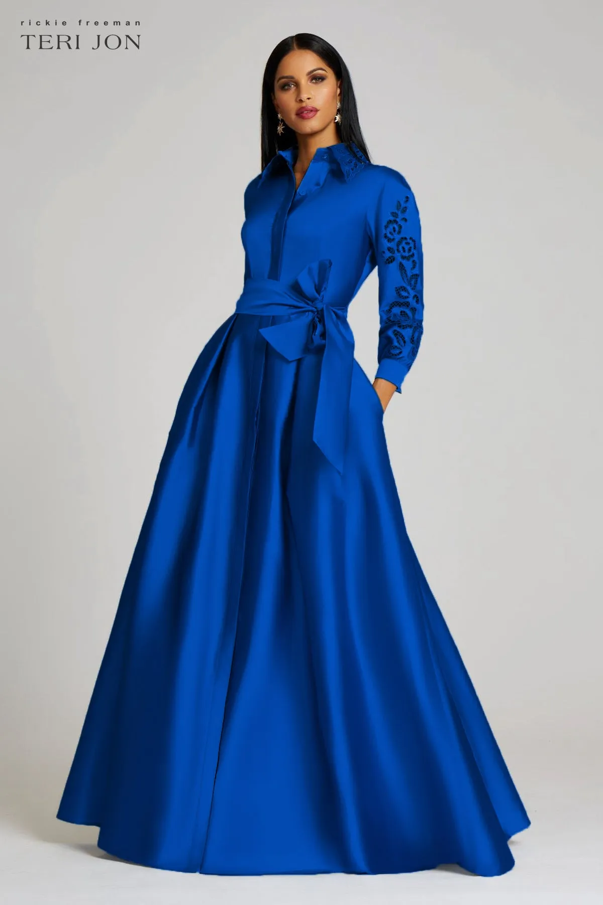 Taffeta Shirtdress Gown With Eyelet Sleeve and Collar sold by Teri Jon product image thumbnail 5