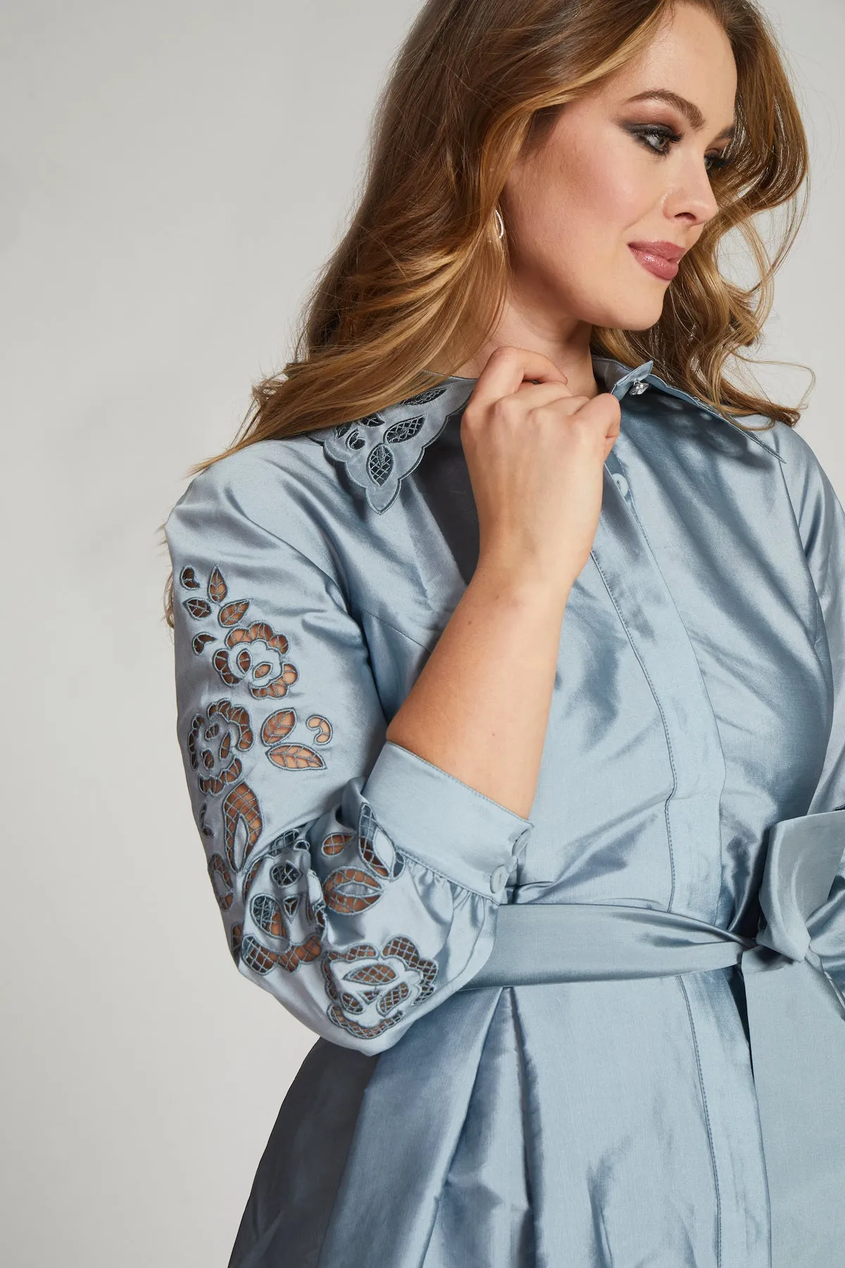 Taffeta Shirtdress Gown With Eyelet Sleeve and Collar sold by Teri Jon product image thumbnail 2