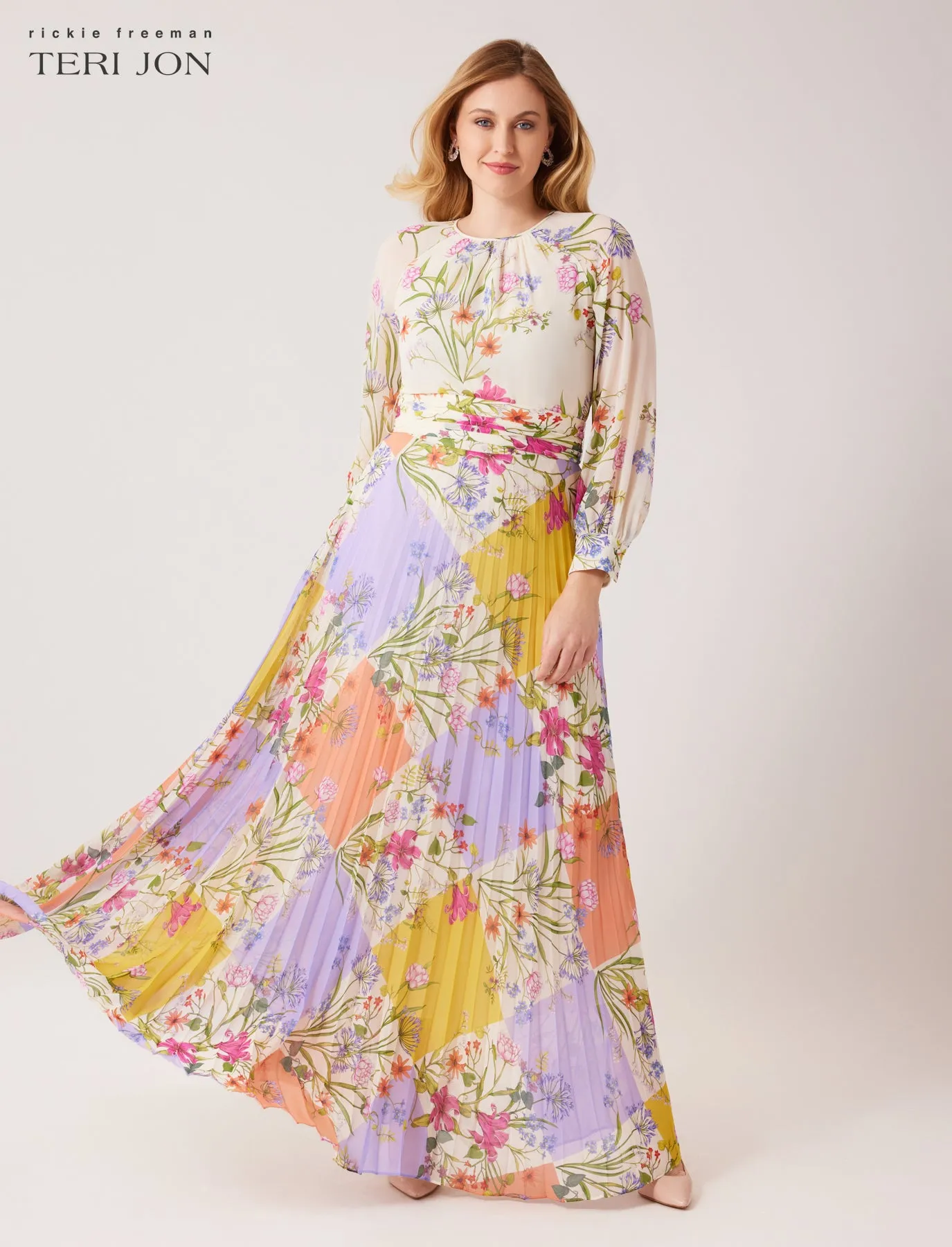 Chiffon Patchwork Floral Print Pleated Maxi Dress sold by Teri Jon product image thumbnail 2