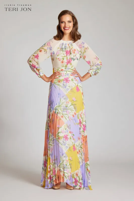 Chiffon Patchwork Floral Print Pleated Maxi Dress sold by Teri Jon