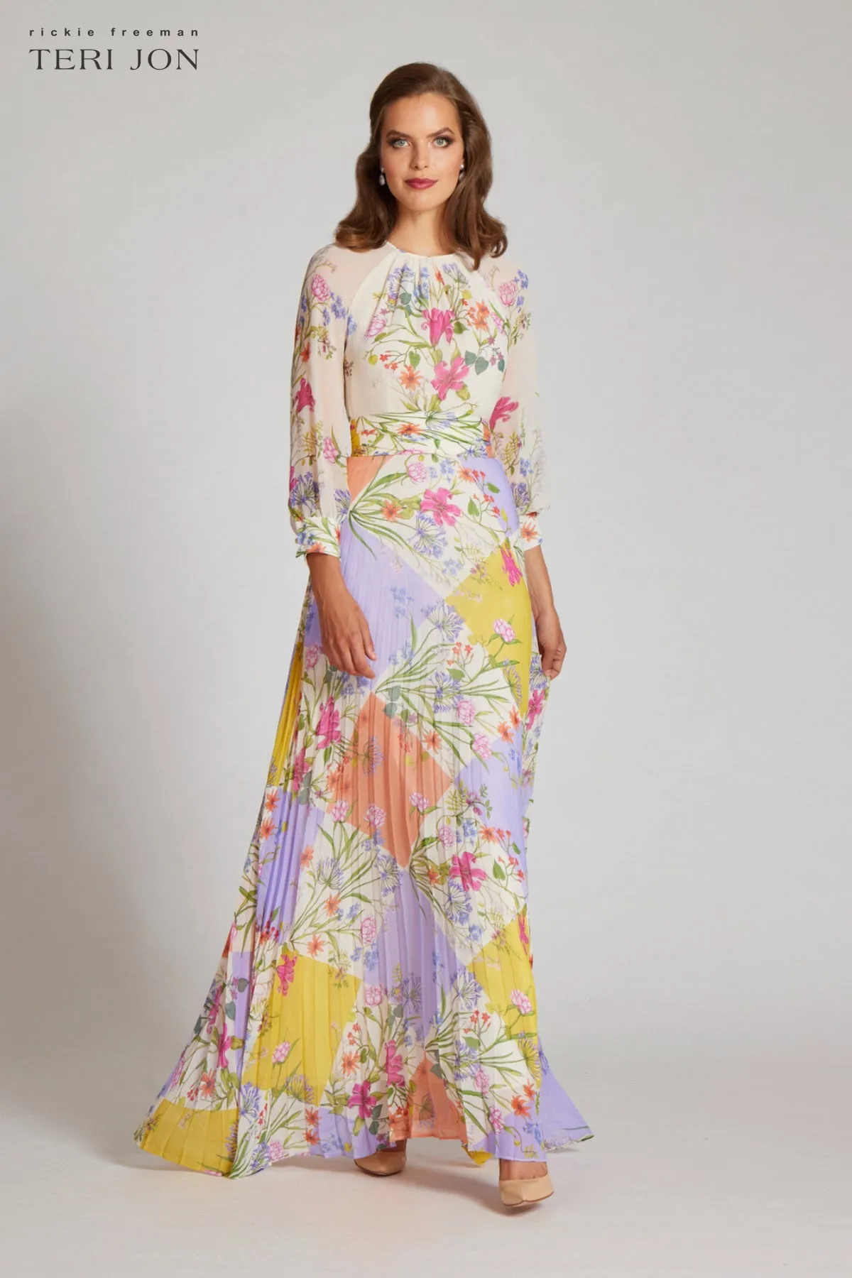 Chiffon Patchwork Floral Print Pleated Maxi Dress sold by Teri Jon product image thumbnail 4