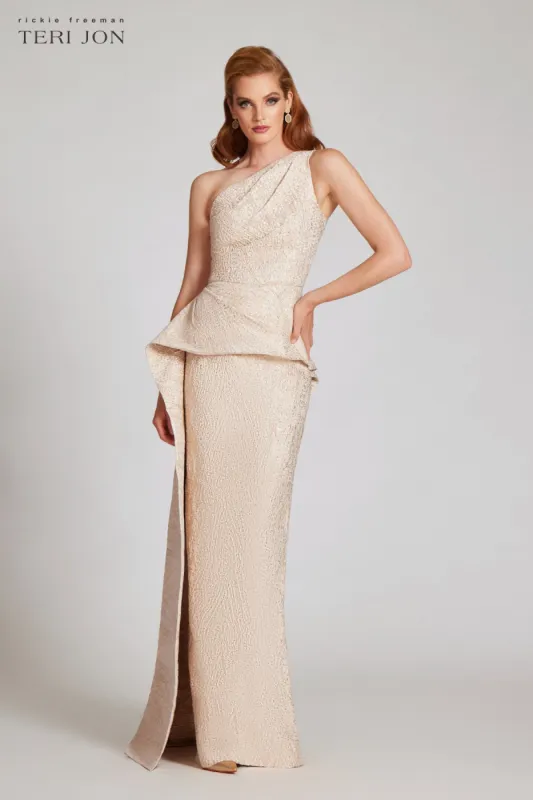 One Shoulder Stretch Jacquard Asymmetrical Gown sold by Teri Jon
