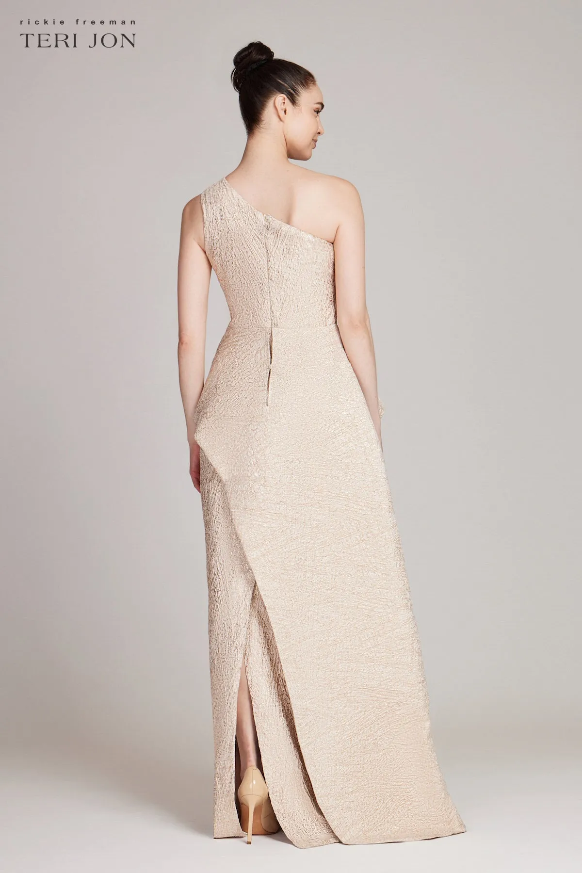 One Shoulder Stretch Jacquard Asymmetrical Gown sold by Teri Jon product image thumbnail 4