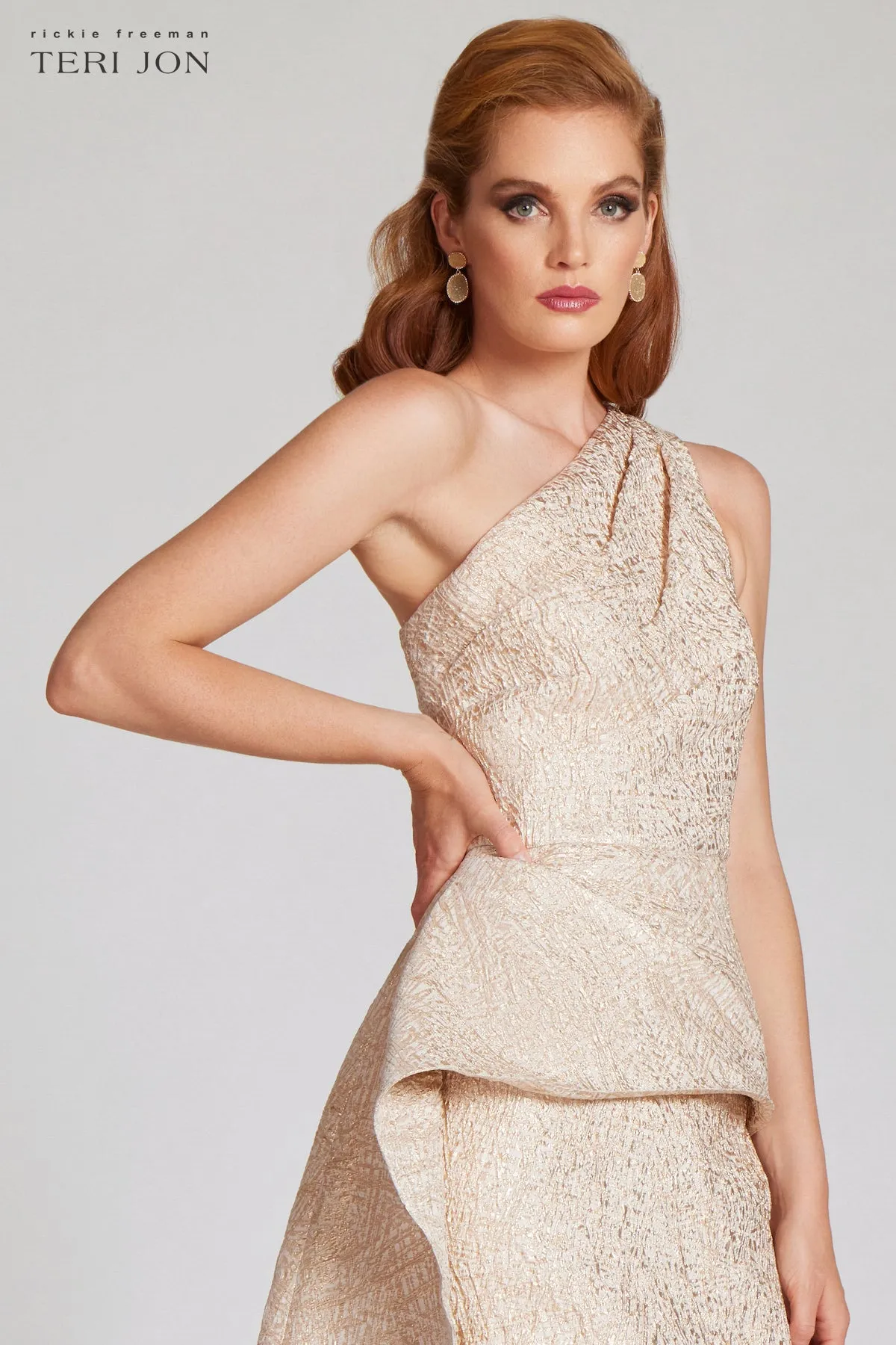 One Shoulder Stretch Jacquard Asymmetrical Gown sold by Teri Jon product image thumbnail 3