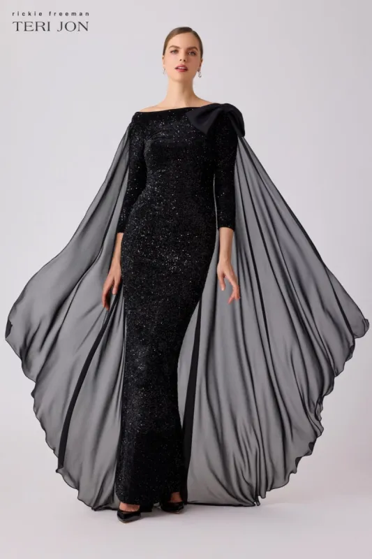 Velvet Sequin Chiffon Cape Evening Gown sold by Teri Jon