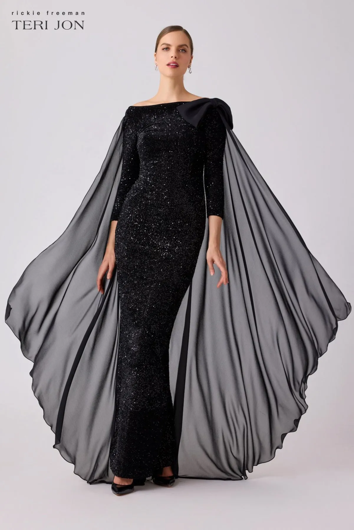 Velvet Sequin Chiffon Cape Evening Gown sold by Teri Jon