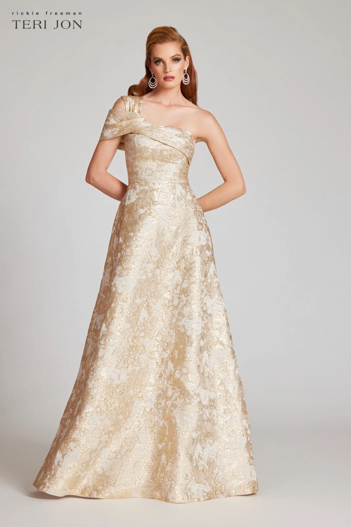 Metallic Jacquard Asymmetrical Gown sold by Teri Jon