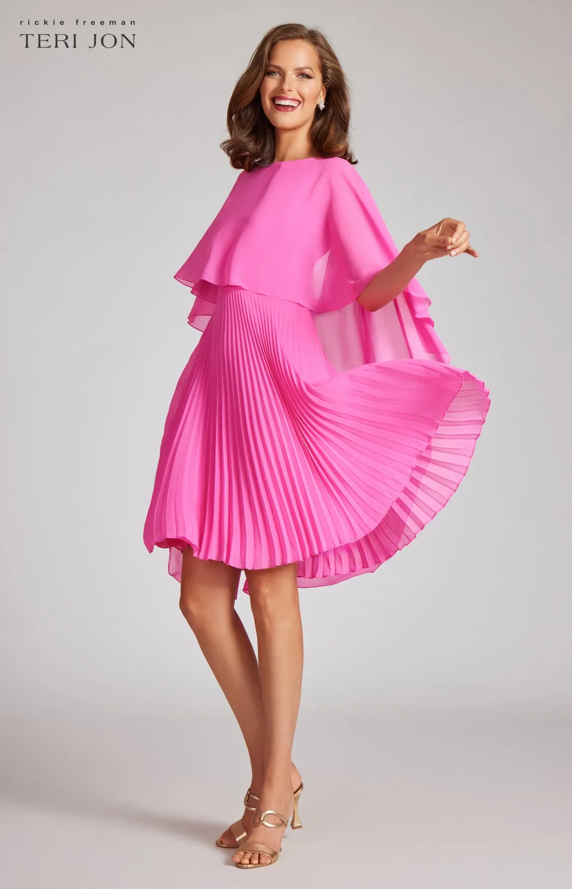 Chiffon Cascade Caplet With Pleated Skirt Dress sold by Teri Jon product image thumbnail 4