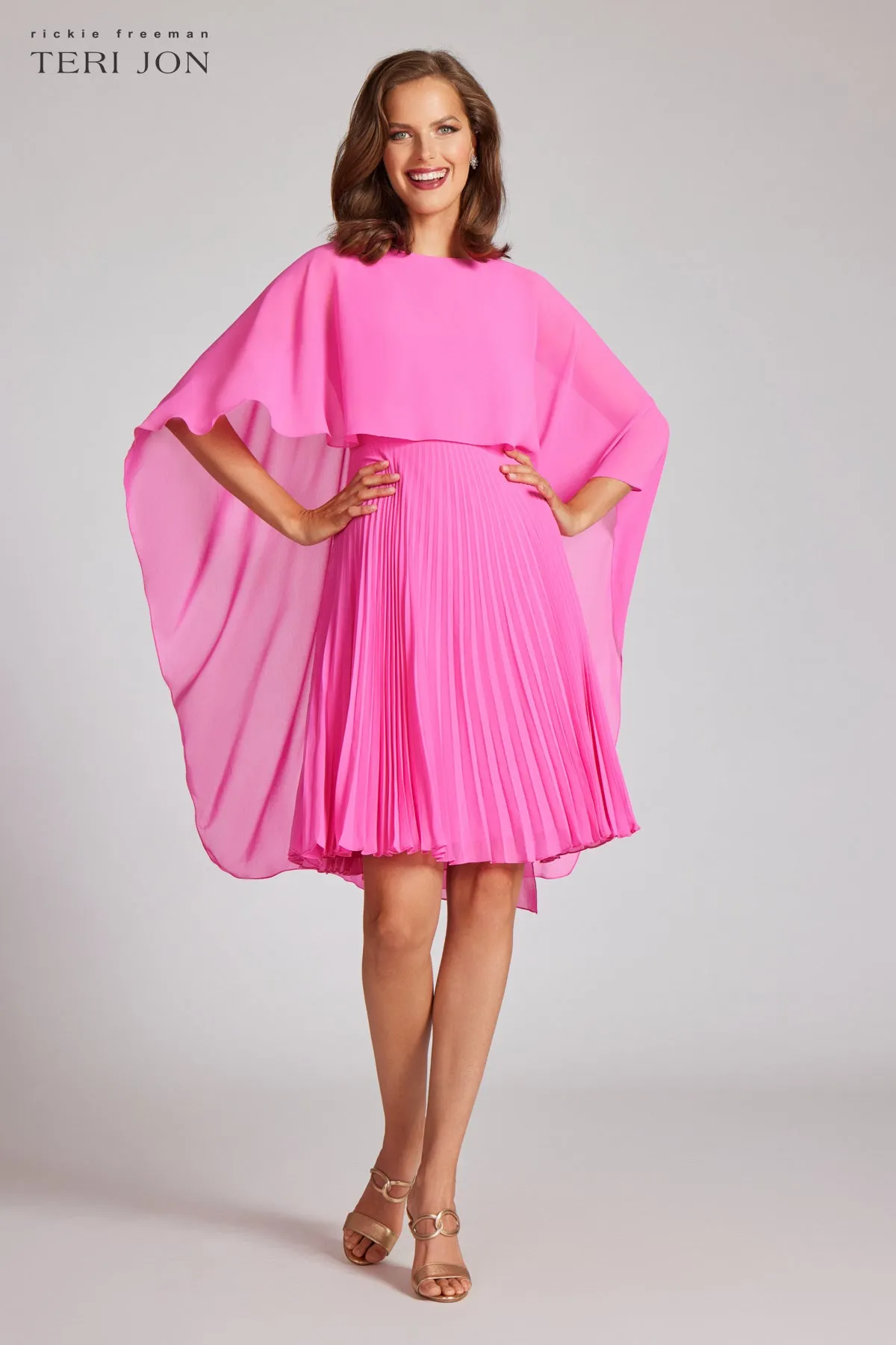 Chiffon Cascade Caplet With Pleated Skirt Dress sold by Teri Jon