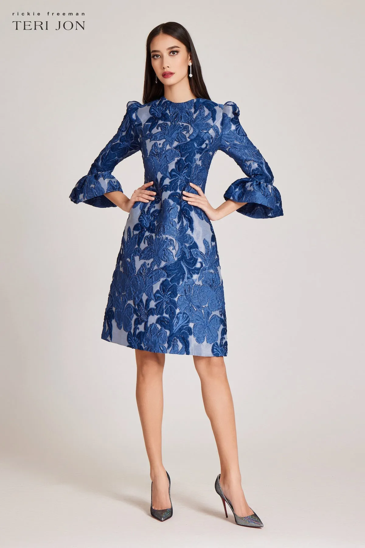 Jacquard Floral 3/4 Sleeve Flounce Cuff Dress sold by Teri Jon product image thumbnail 3