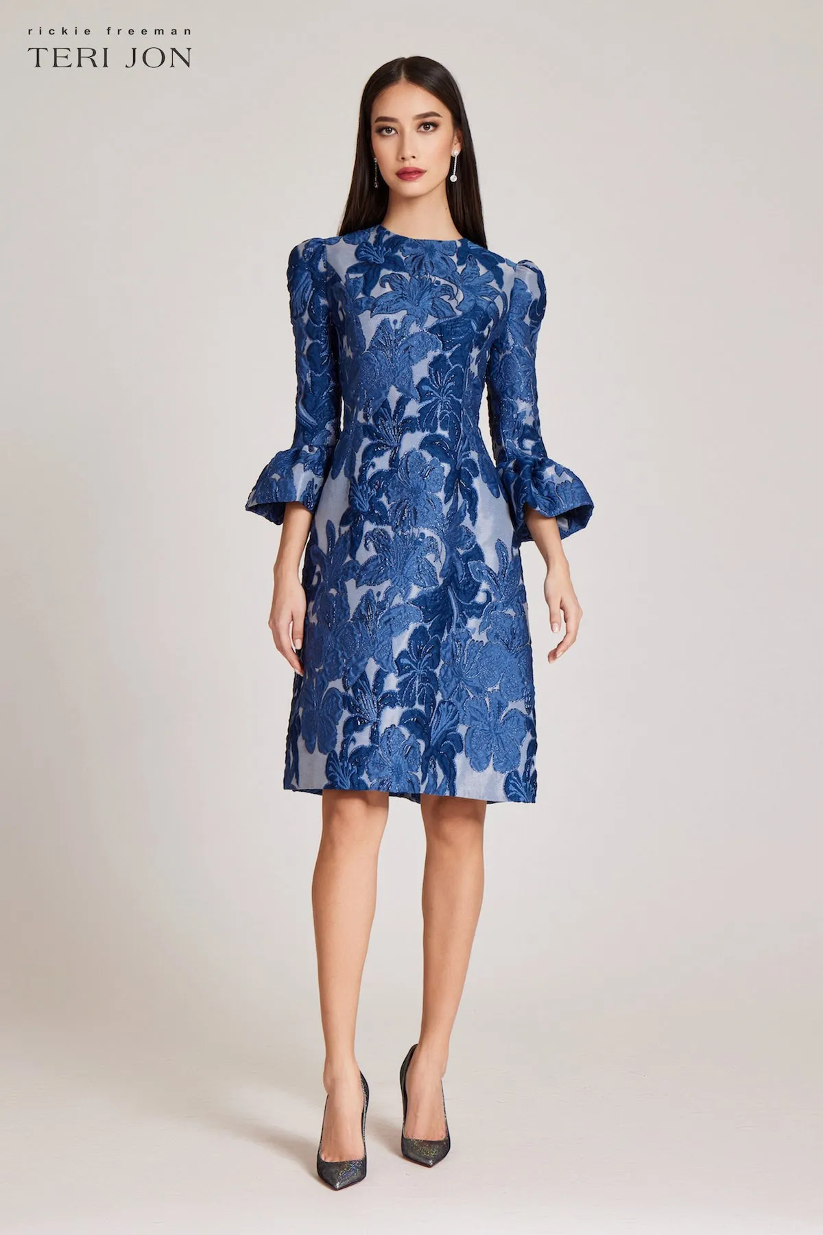 Jacquard Floral 3/4 Sleeve Flounce Cuff Dress sold by Teri Jon product image thumbnail 2