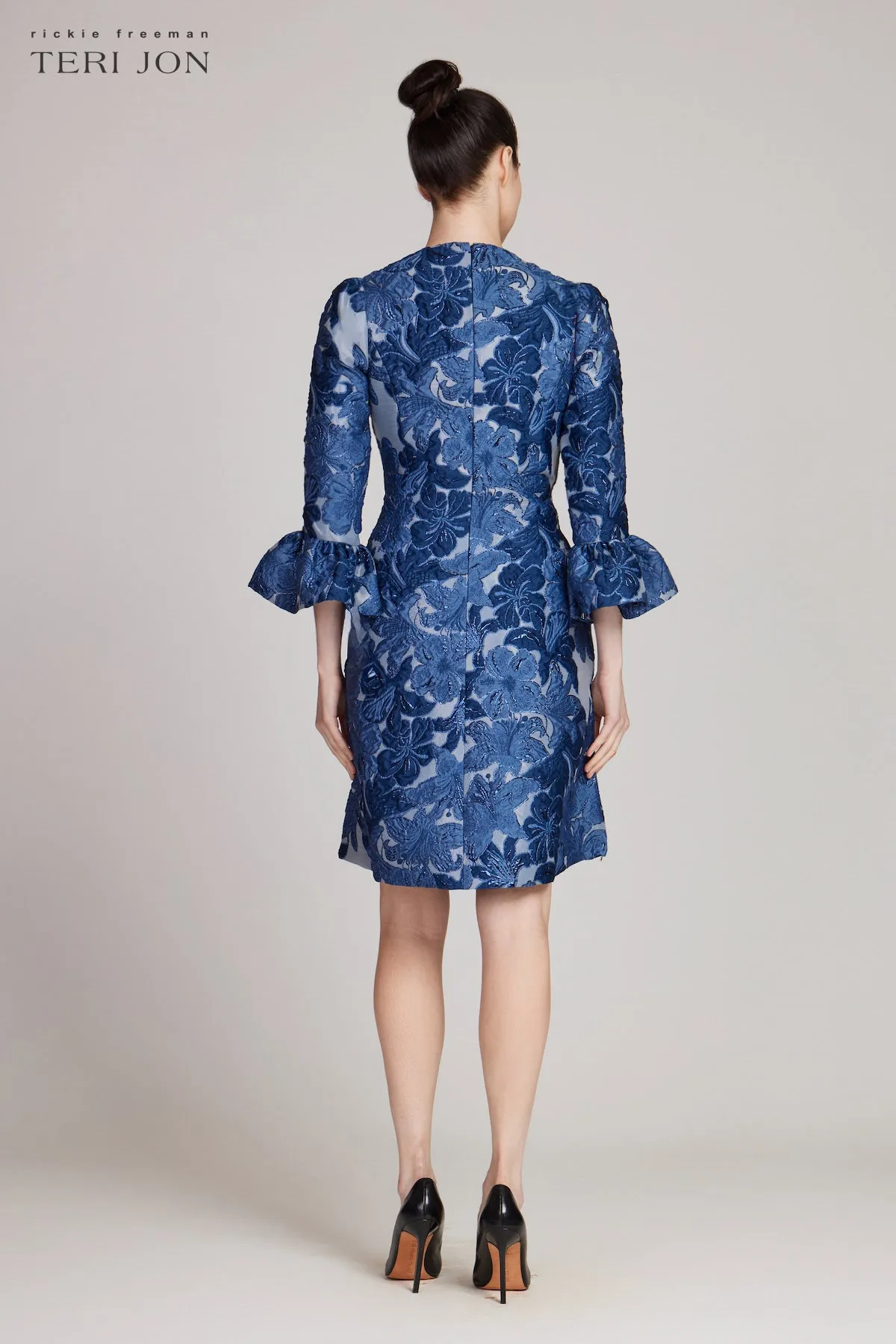 Jacquard Floral 3/4 Sleeve Flounce Cuff Dress sold by Teri Jon product image thumbnail 4