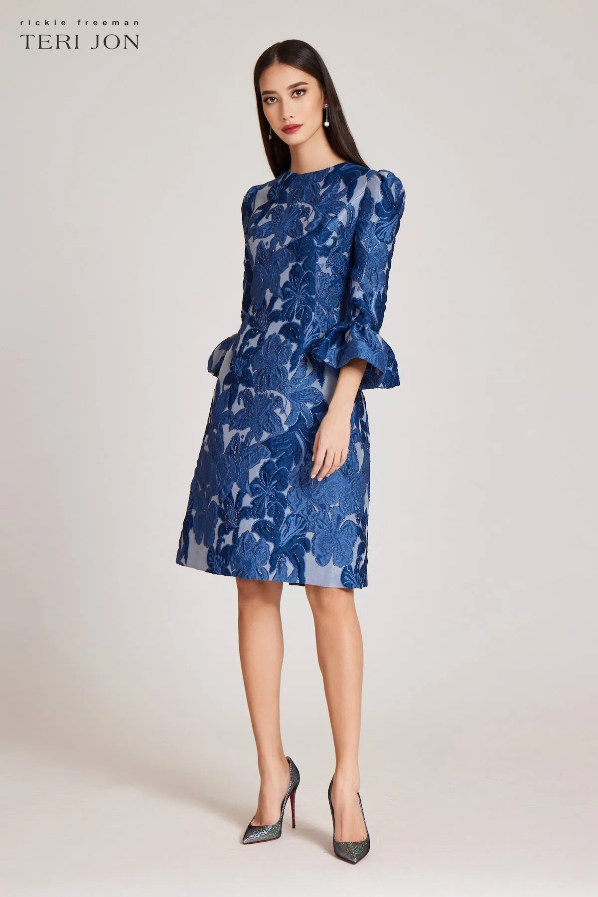 Jacquard Floral 3/4 Sleeve Flounce Cuff Dress sold by Teri Jon