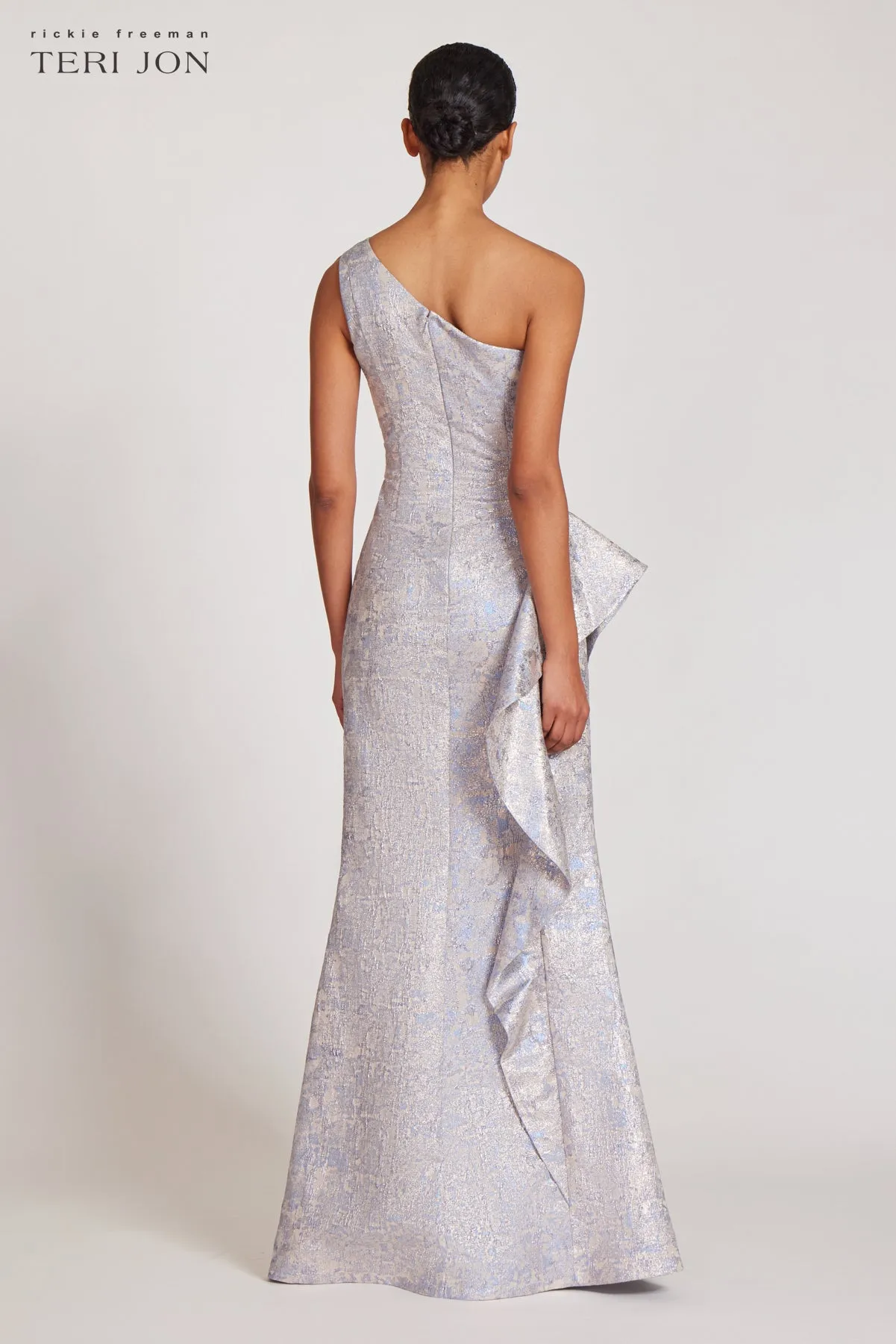 One Shoulder Side Ruffle Jacquard Gown sold by Teri Jon product image thumbnail 3
