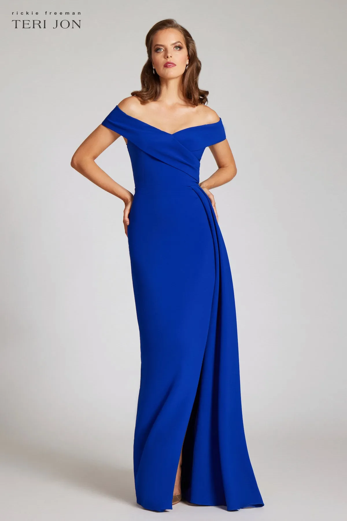 Crepe Off Shoulder Portrait Side Drape Gown sold by Teri Jon