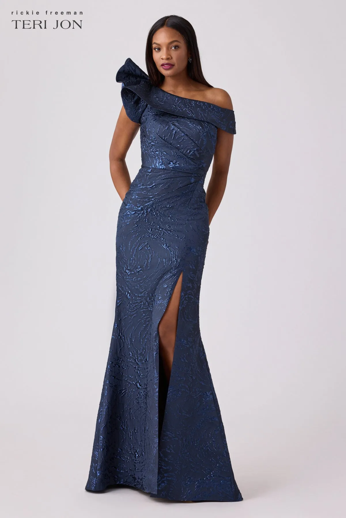 Swirl Jacquard Ruffle Gown sold by Teri Jon product image thumbnail 3