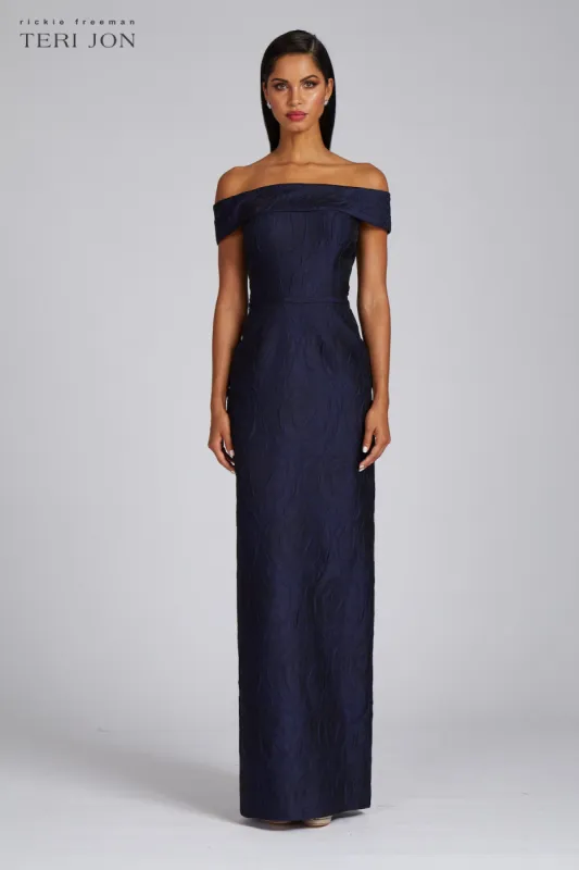 Off The Shoulder Jacquard Gown sold by Teri Jon