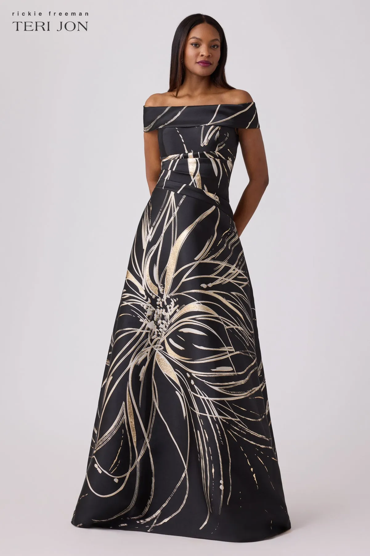 Jacquard Paint Stroke Floral A-Line Gown sold by Teri Jon product image thumbnail 2