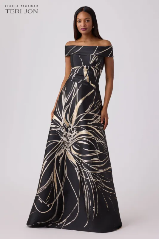 Jacquard Paint Stroke Floral A-Line Gown sold by Teri Jon