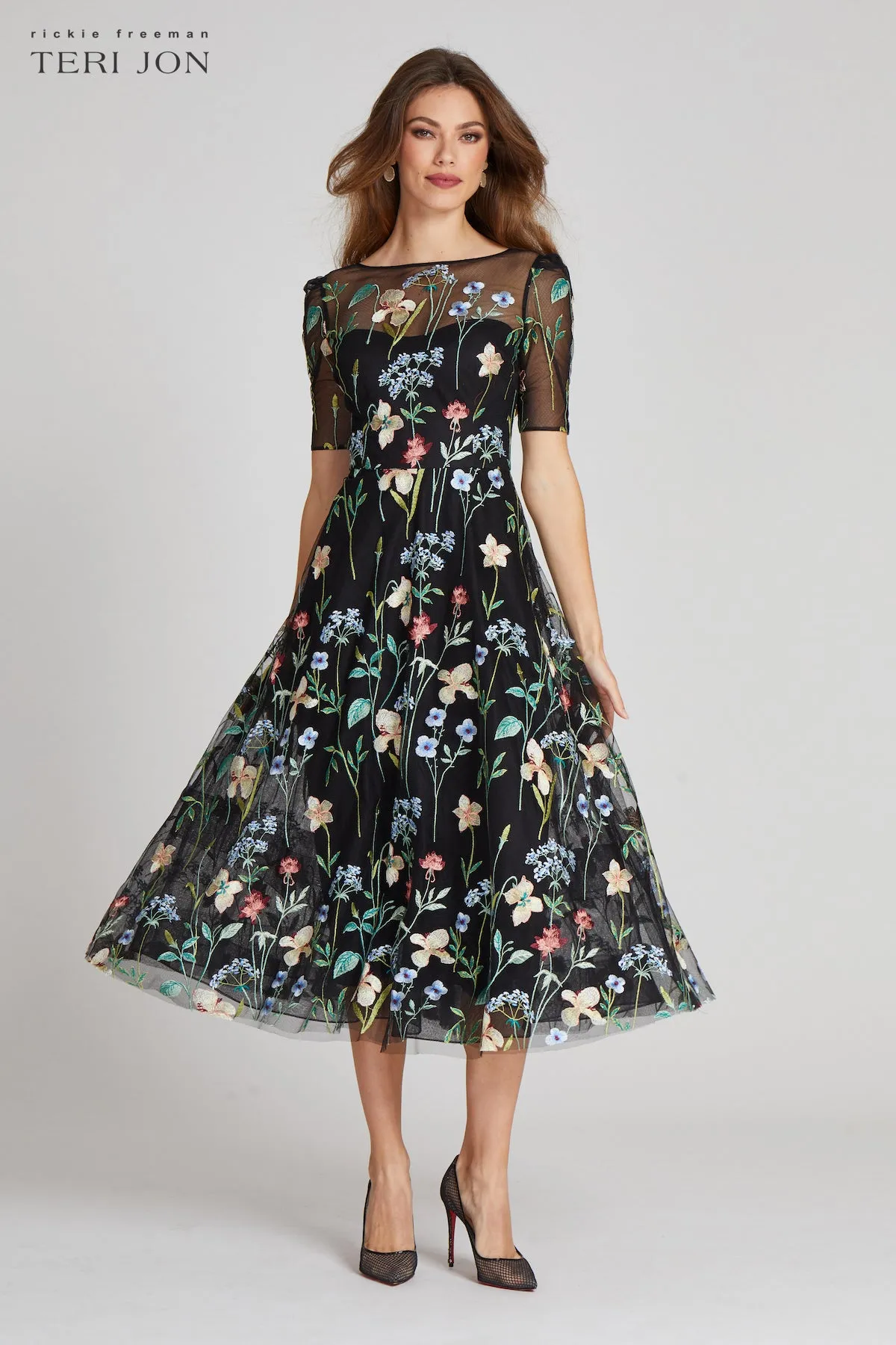 Embroidered Tulle Dress With Floral Print sold by Teri Jon