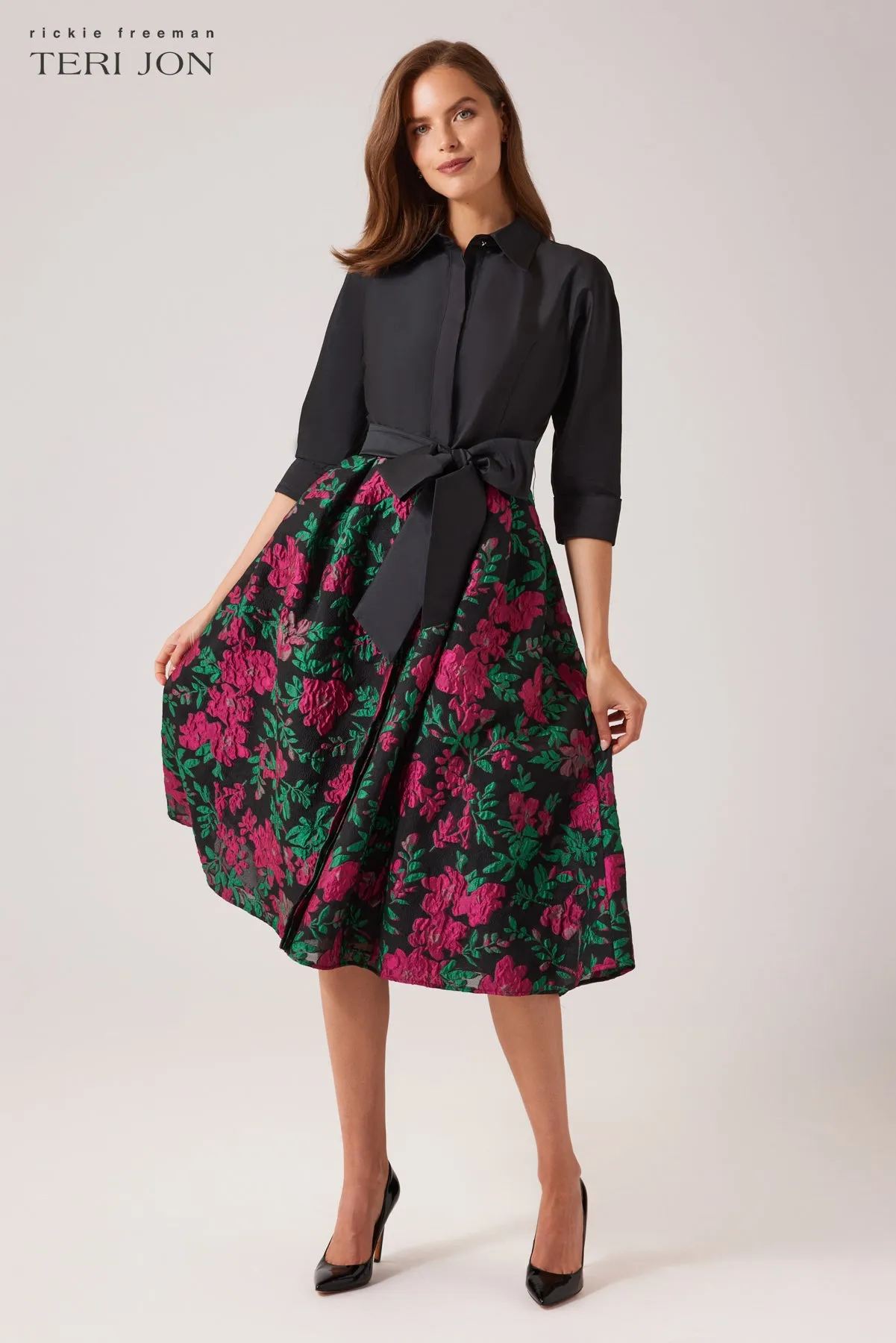 Taffeta Floral Jacquard Shirt Waist Dress sold by Teri Jon product image thumbnail 3