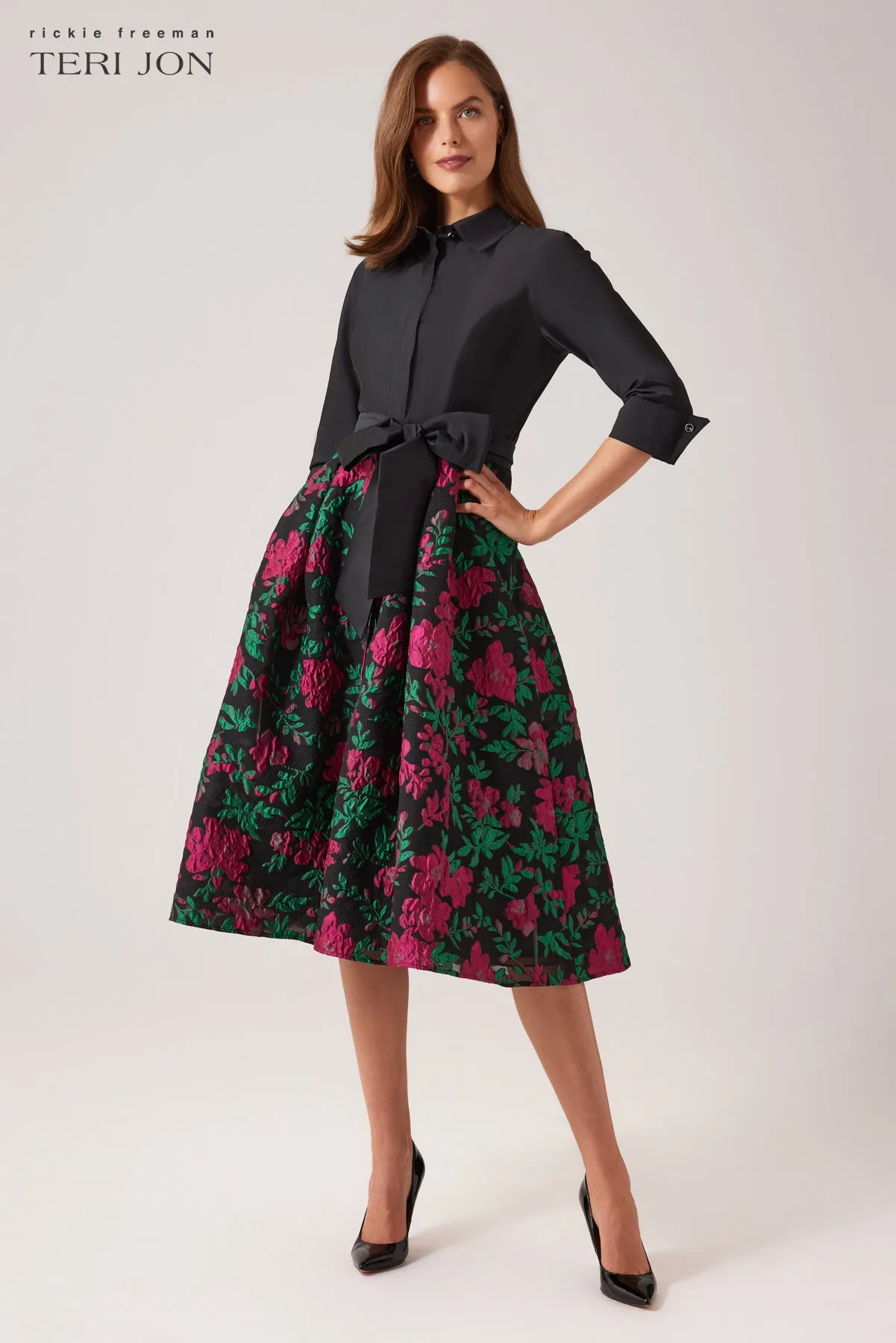 Taffeta Floral Jacquard Shirt Waist Dress sold by Teri Jon product image thumbnail 2