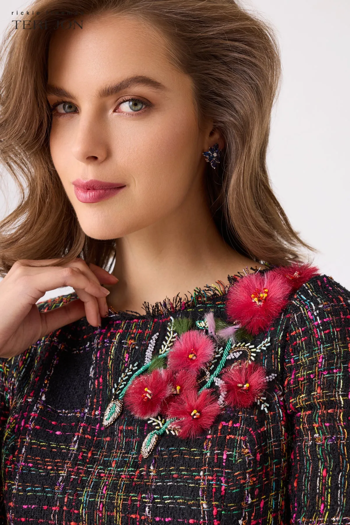 Tweed Floral Godet Dress sold by Teri Jon product image thumbnail 4