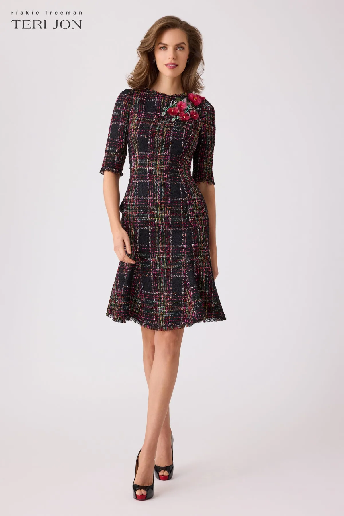 Tweed Floral Godet Dress sold by Teri Jon product image thumbnail 2