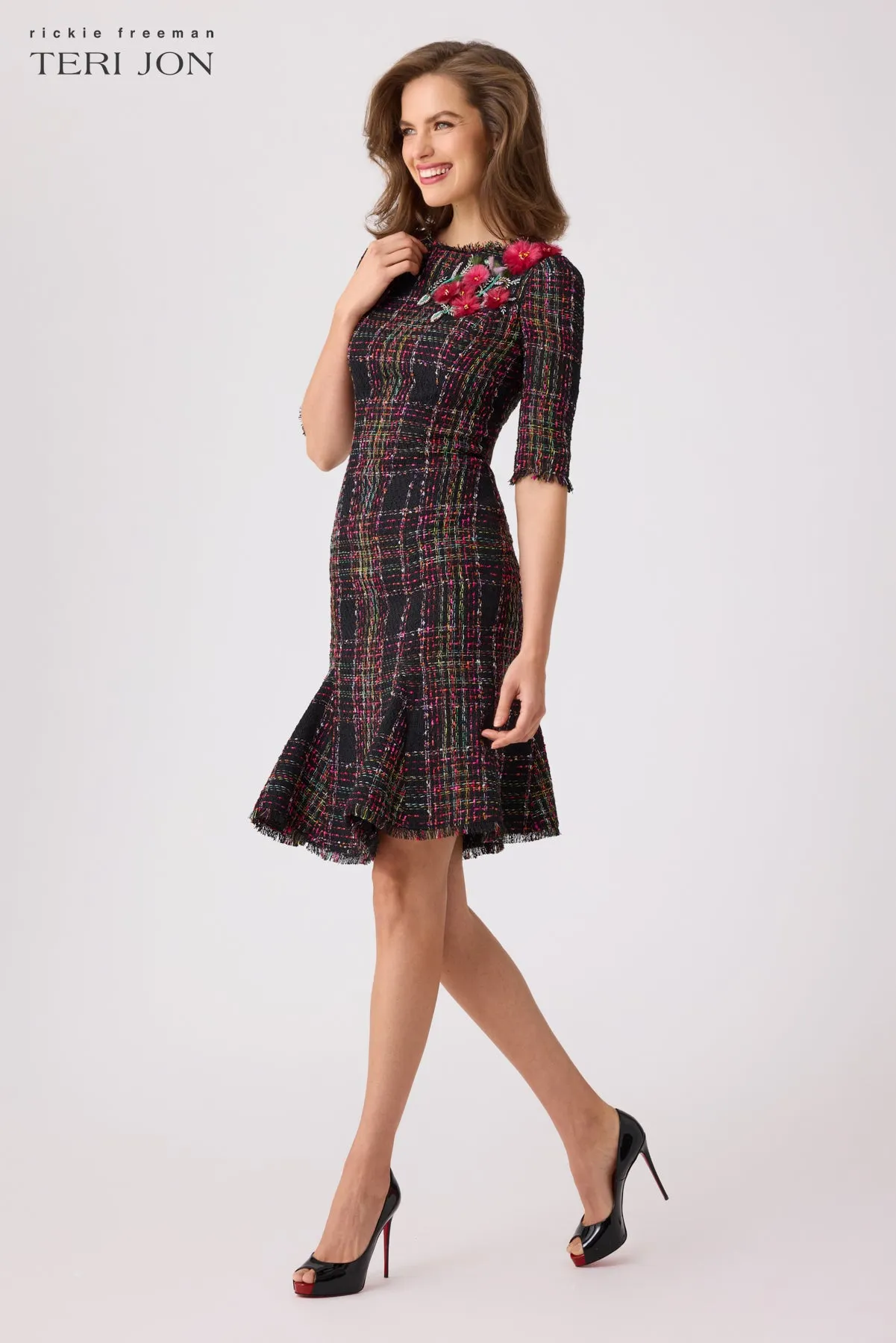 Tweed Floral Godet Dress sold by Teri Jon product image thumbnail 3
