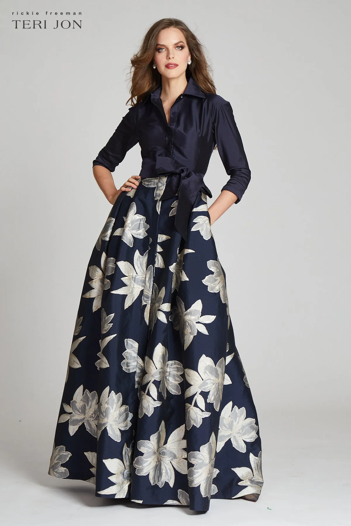 Shirt Waist Jacquard Gown with Large Floral Print Skirt sold by Teri Jon product image thumbnail 2