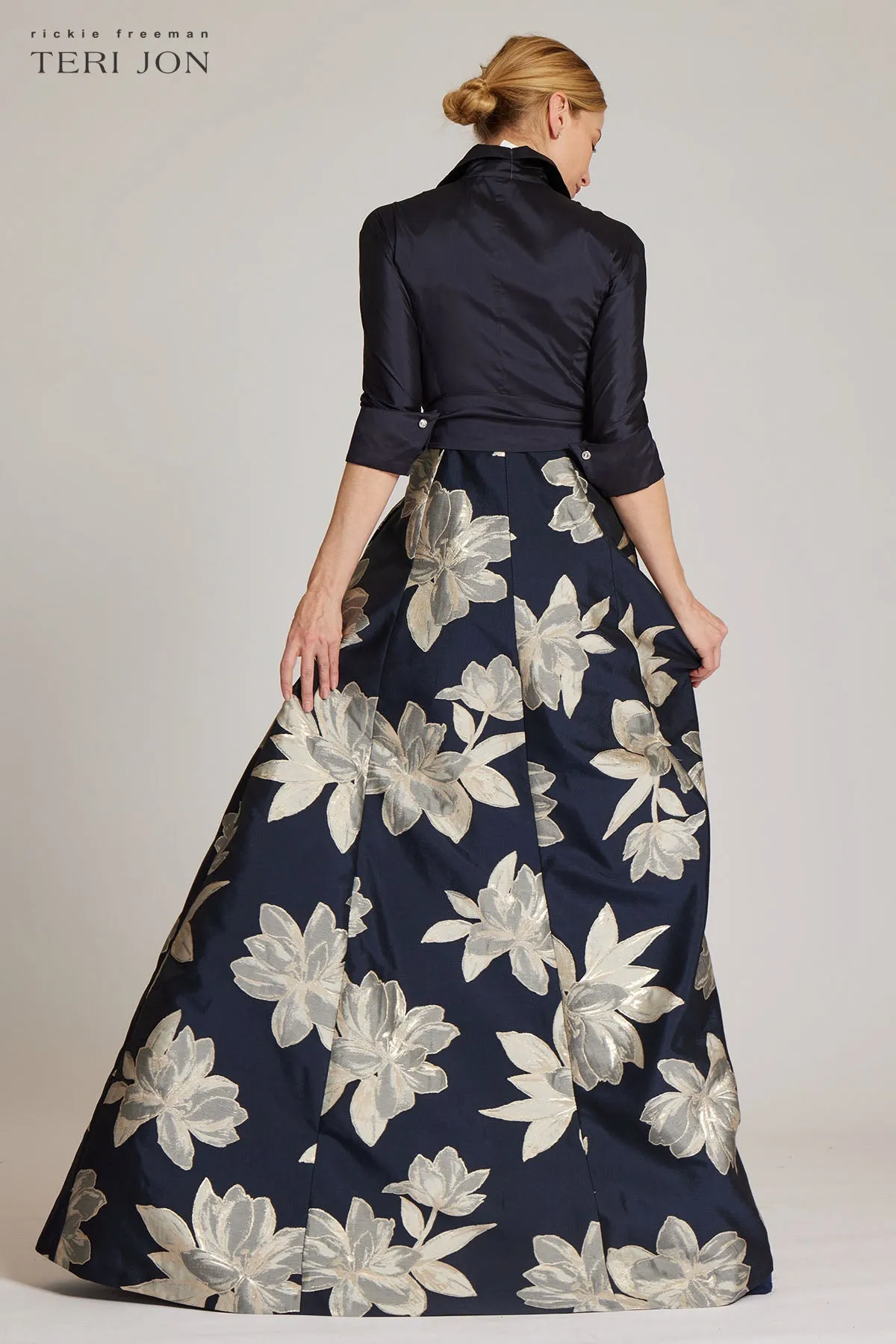 Shirt Waist Jacquard Gown with Large Floral Print Skirt sold by Teri Jon product image thumbnail 3
