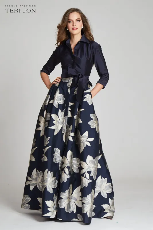 Shirt Waist Jacquard Gown with Large Floral Print Skirt made by Teri Jon