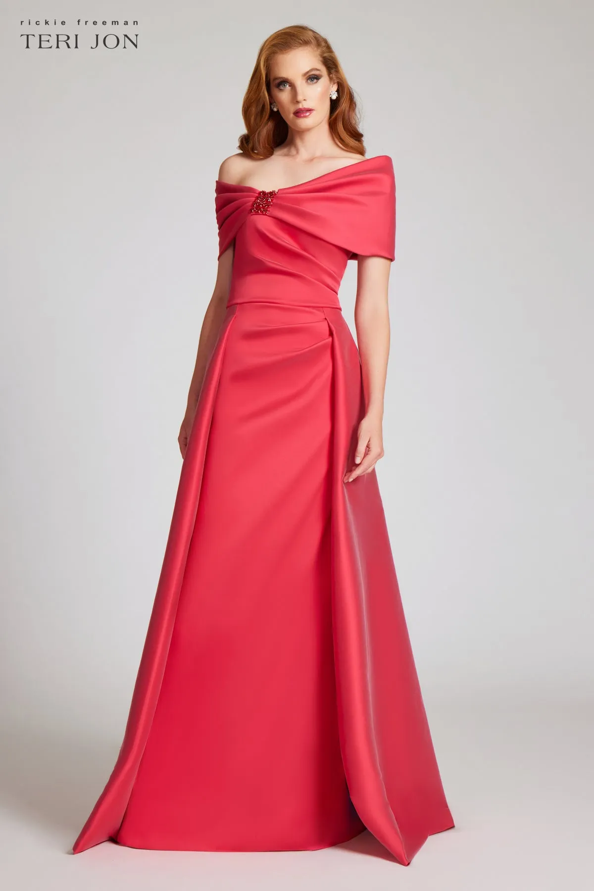 Stretch Gazar Off the Shoulder Draped Gown sold by Teri Jon