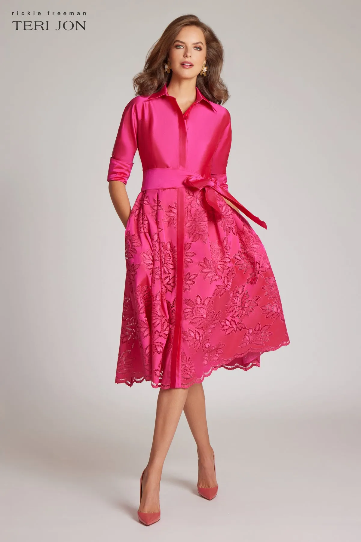 Taffeta Floral Eyelet Shirt Dress sold by Teri Jon product image thumbnail 5