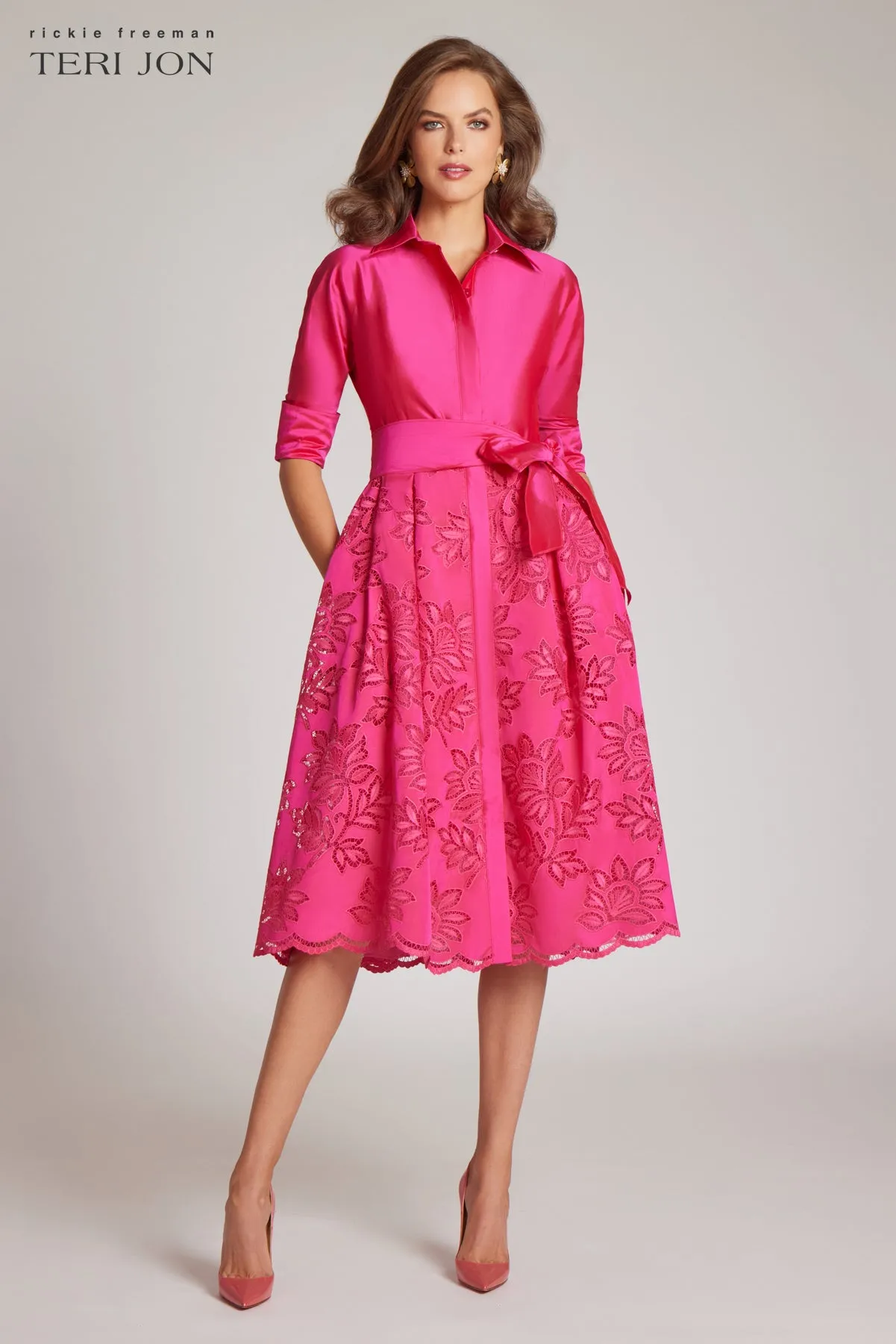 Taffeta Floral Eyelet Shirt Dress sold by Teri Jon product image thumbnail 4
