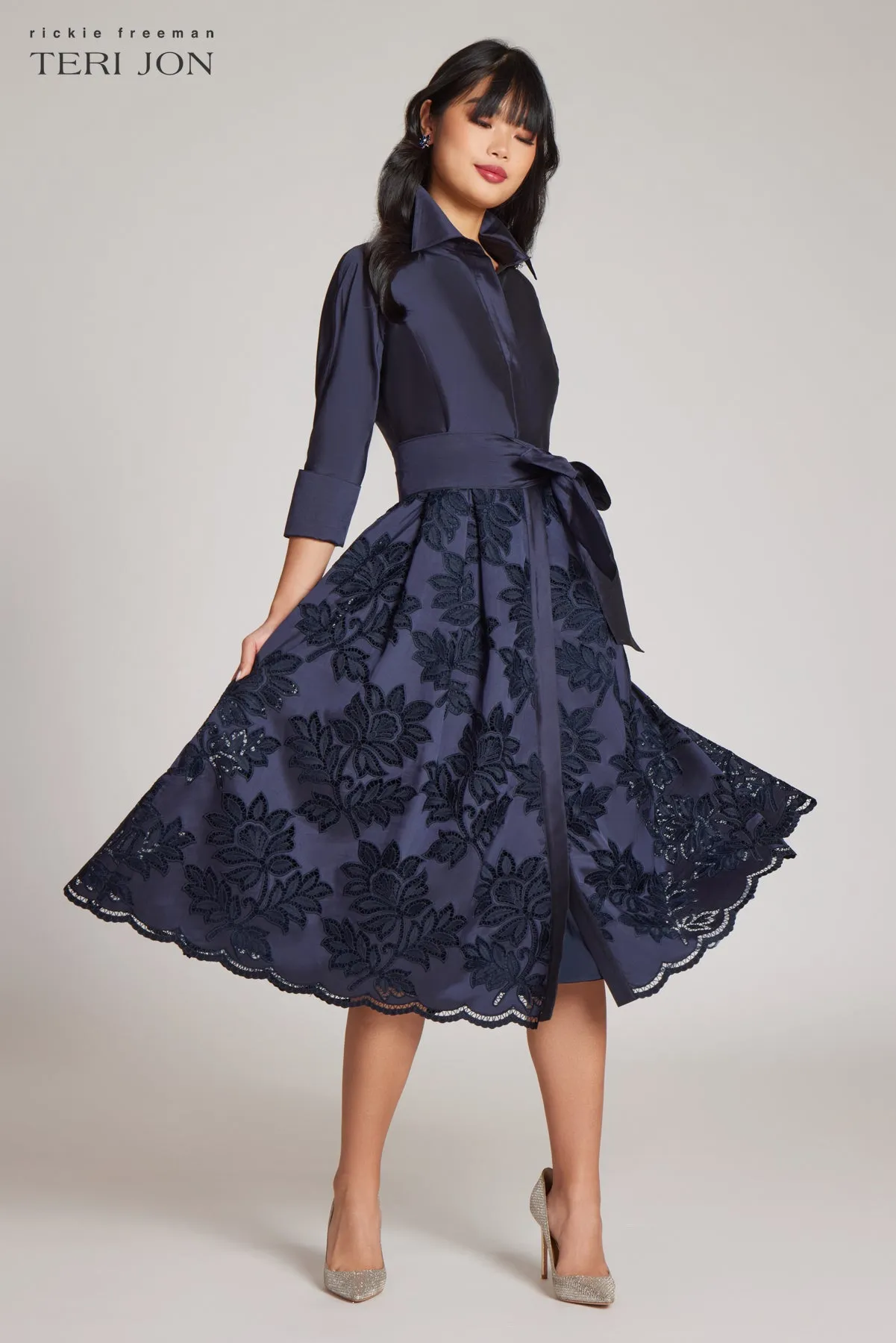 Taffeta Floral Eyelet Shirt Dress sold by Teri Jon product image thumbnail 2