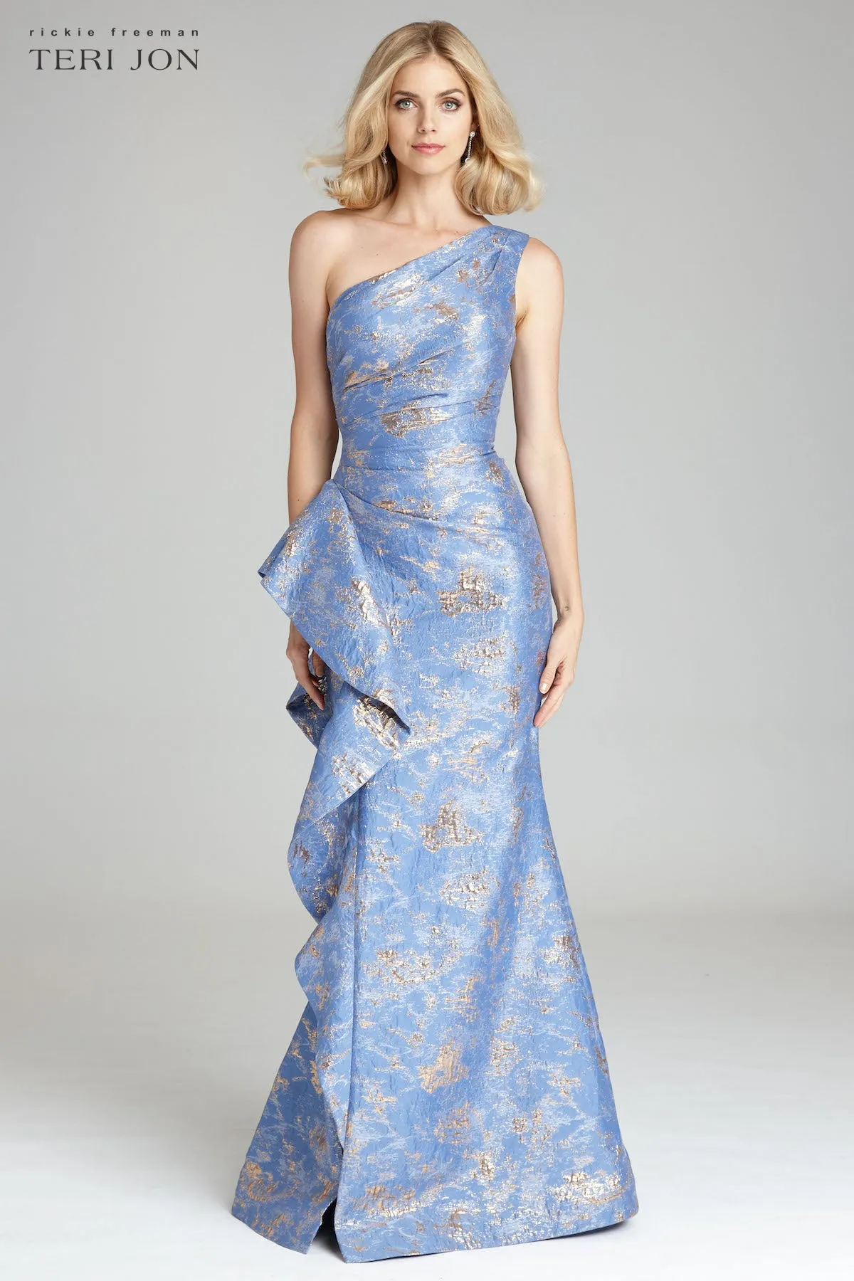 Jacquard One Shoulder Side Ruffle Gown sold by Teri Jon product image thumbnail 4