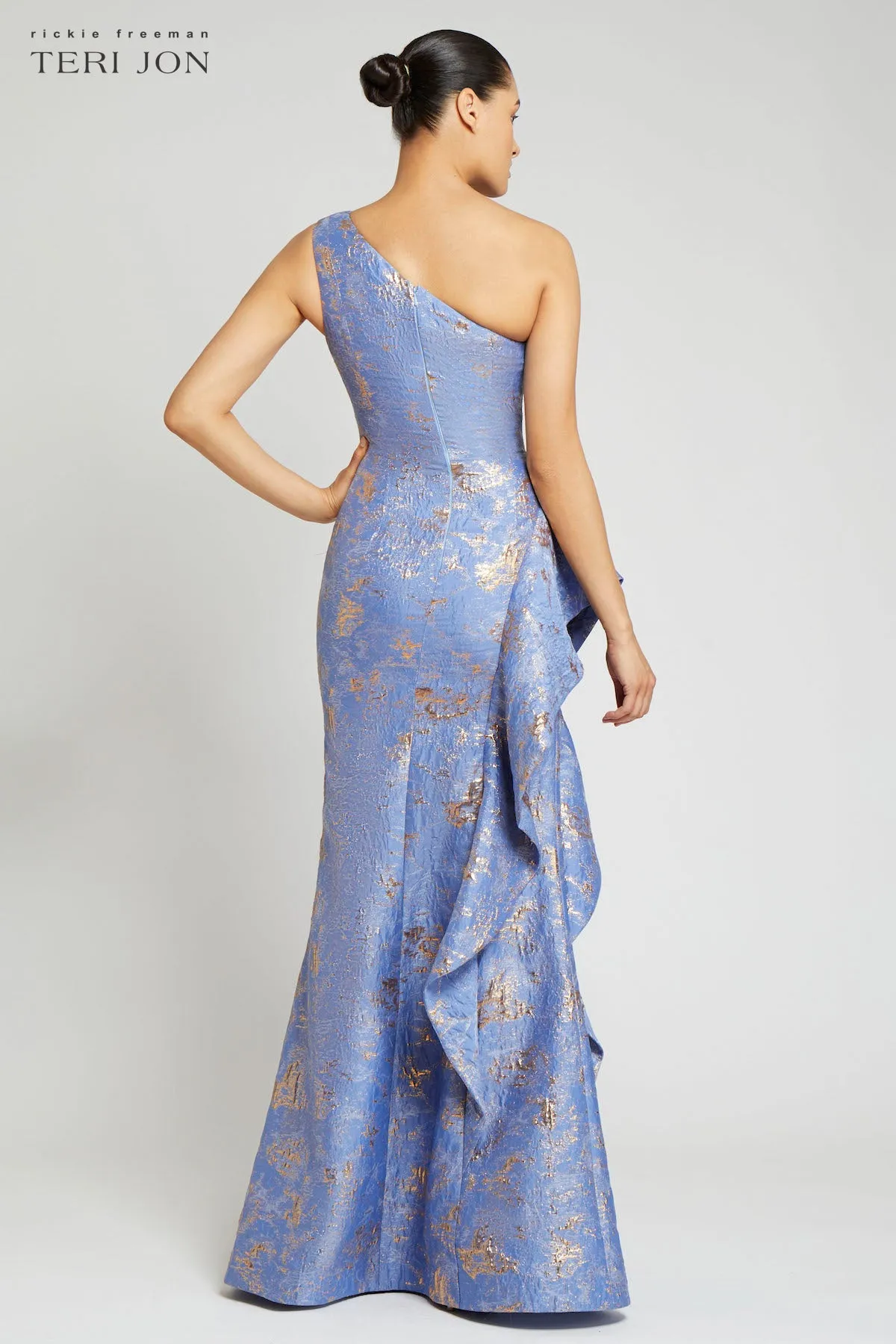 Jacquard One Shoulder Side Ruffle Gown sold by Teri Jon product image thumbnail 5
