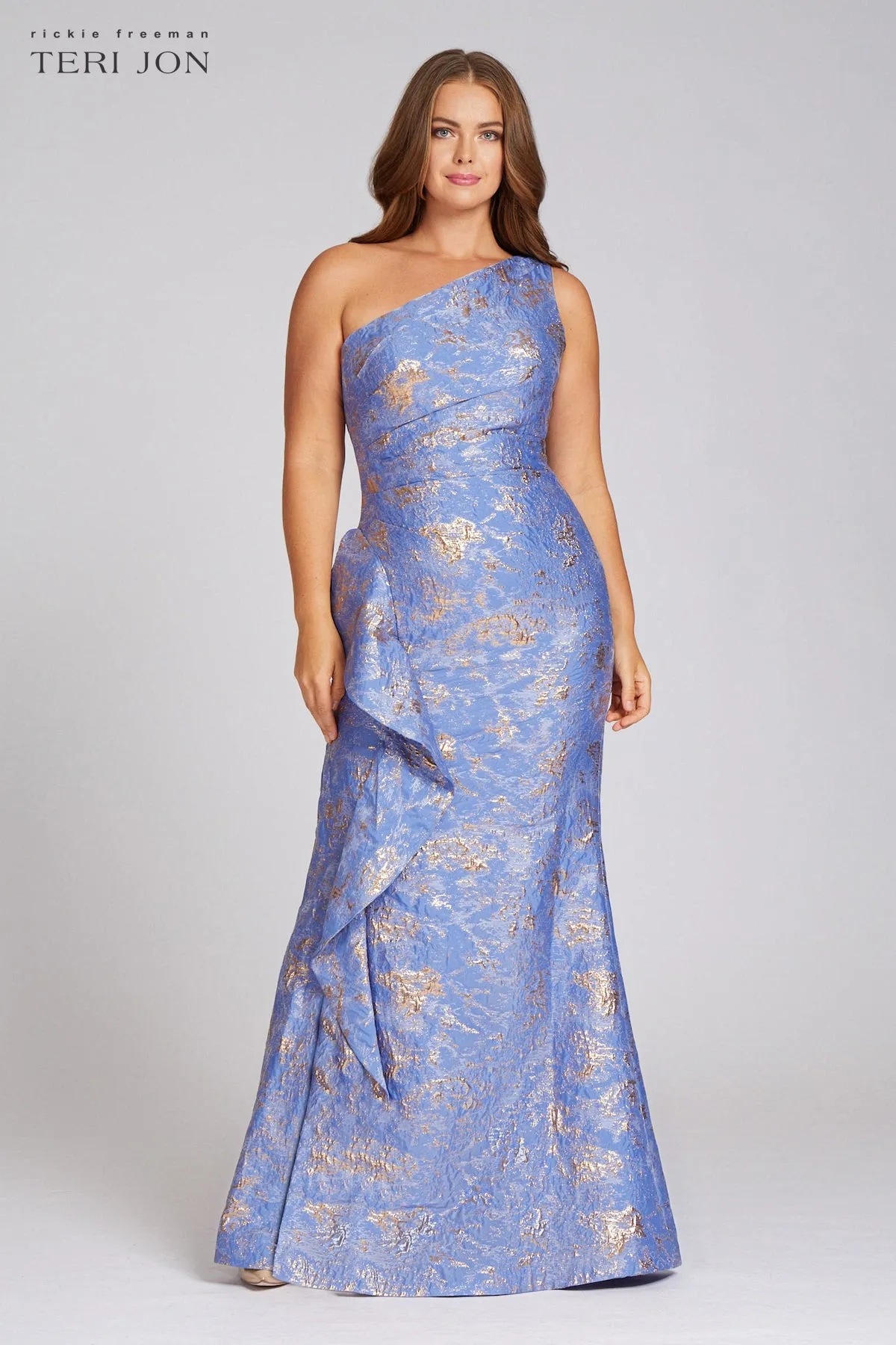 Jacquard One Shoulder Side Ruffle Gown sold by Teri Jon product image thumbnail 2