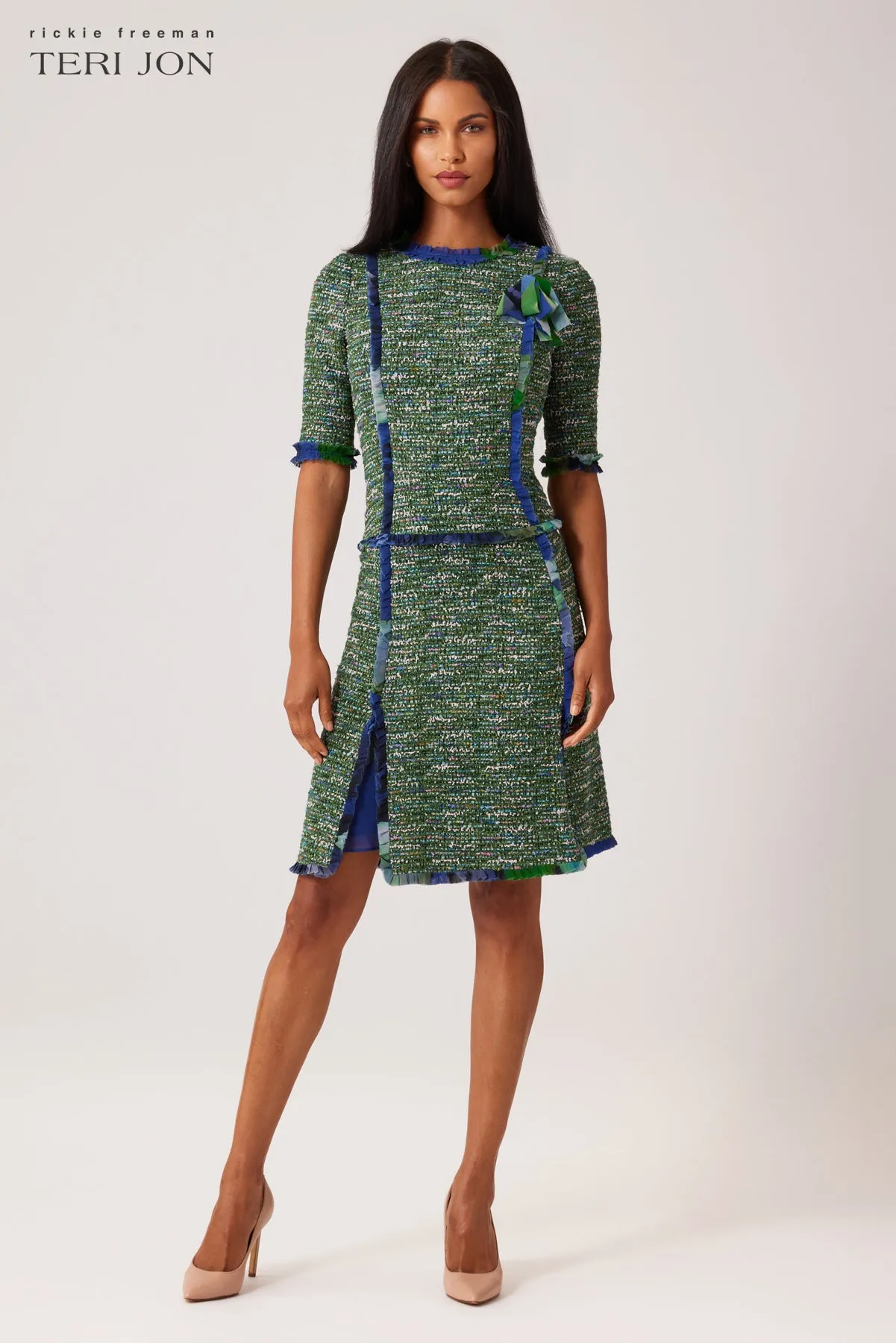 Boucle Tweed Chiffon Trim Short Sleeve Dress sold by Teri Jon