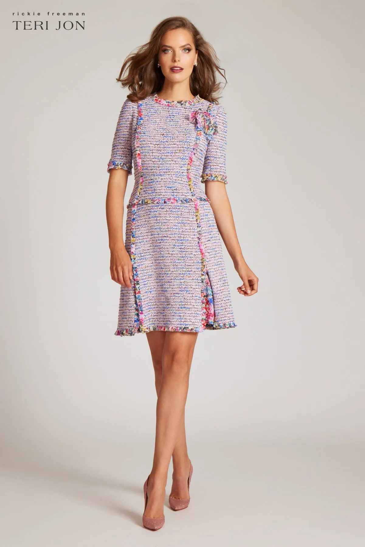 Boucle Tweed Chiffon Trim Short Sleeve Dress sold by Teri Jon product image thumbnail 4