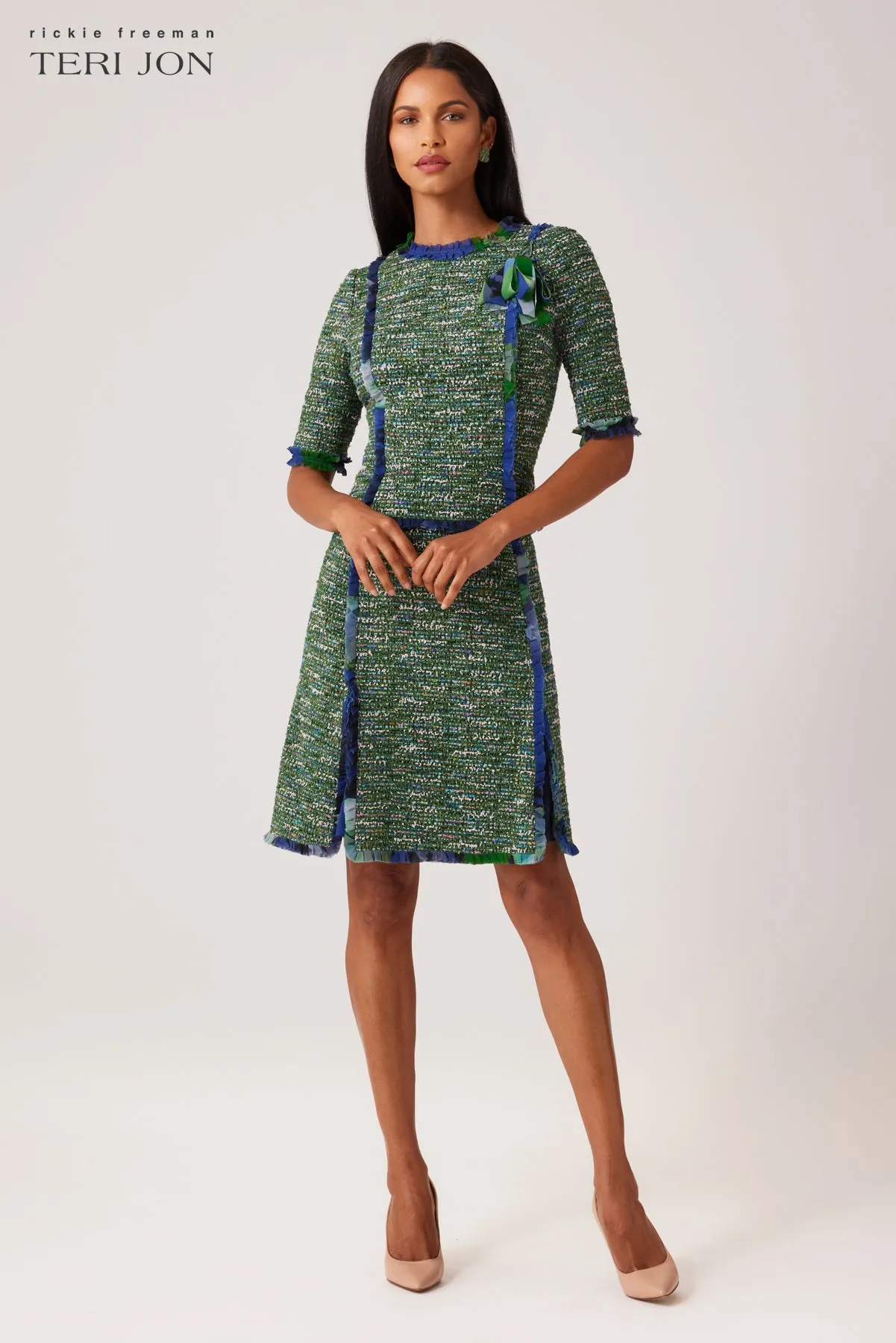 Boucle Tweed Chiffon Trim Short Sleeve Dress sold by Teri Jon product image thumbnail 2