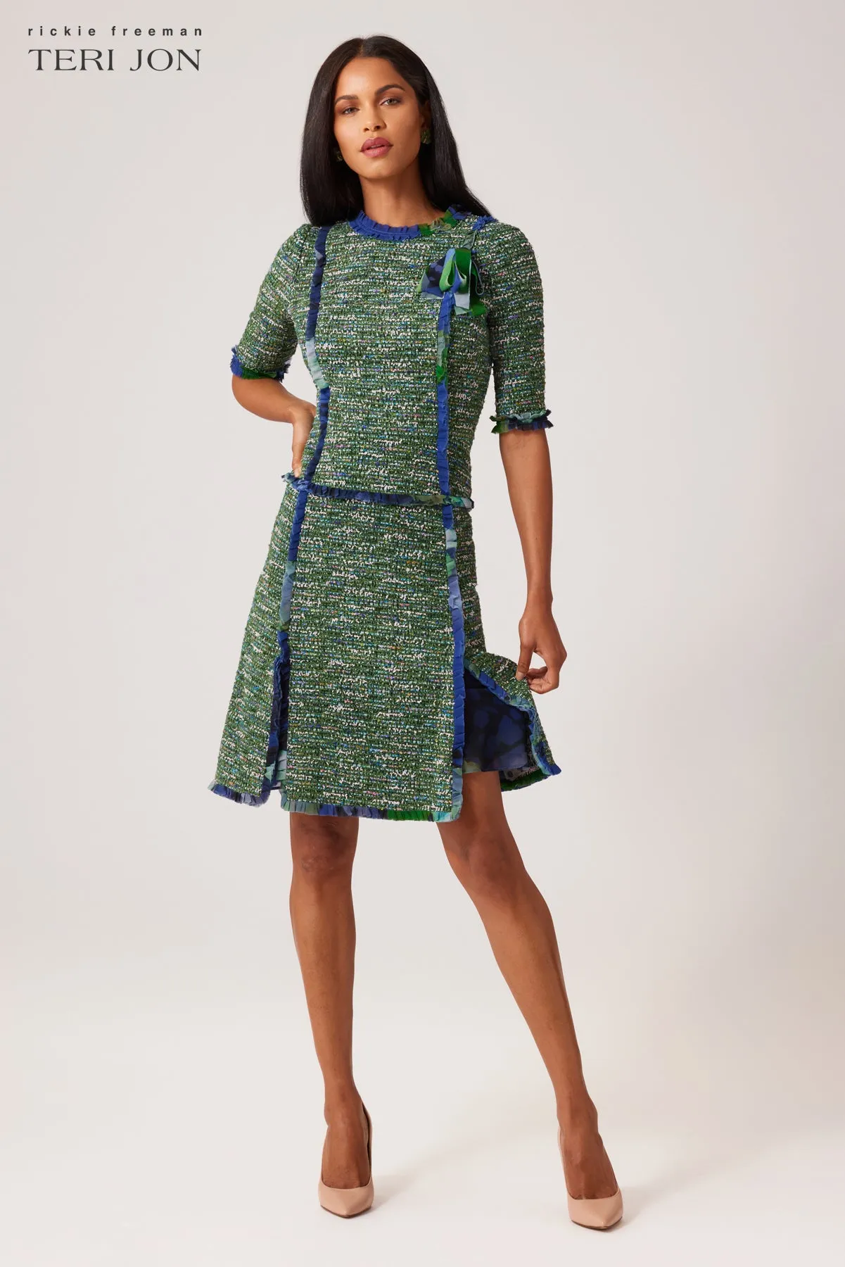 Boucle Tweed Chiffon Trim Short Sleeve Dress sold by Teri Jon product image thumbnail 3