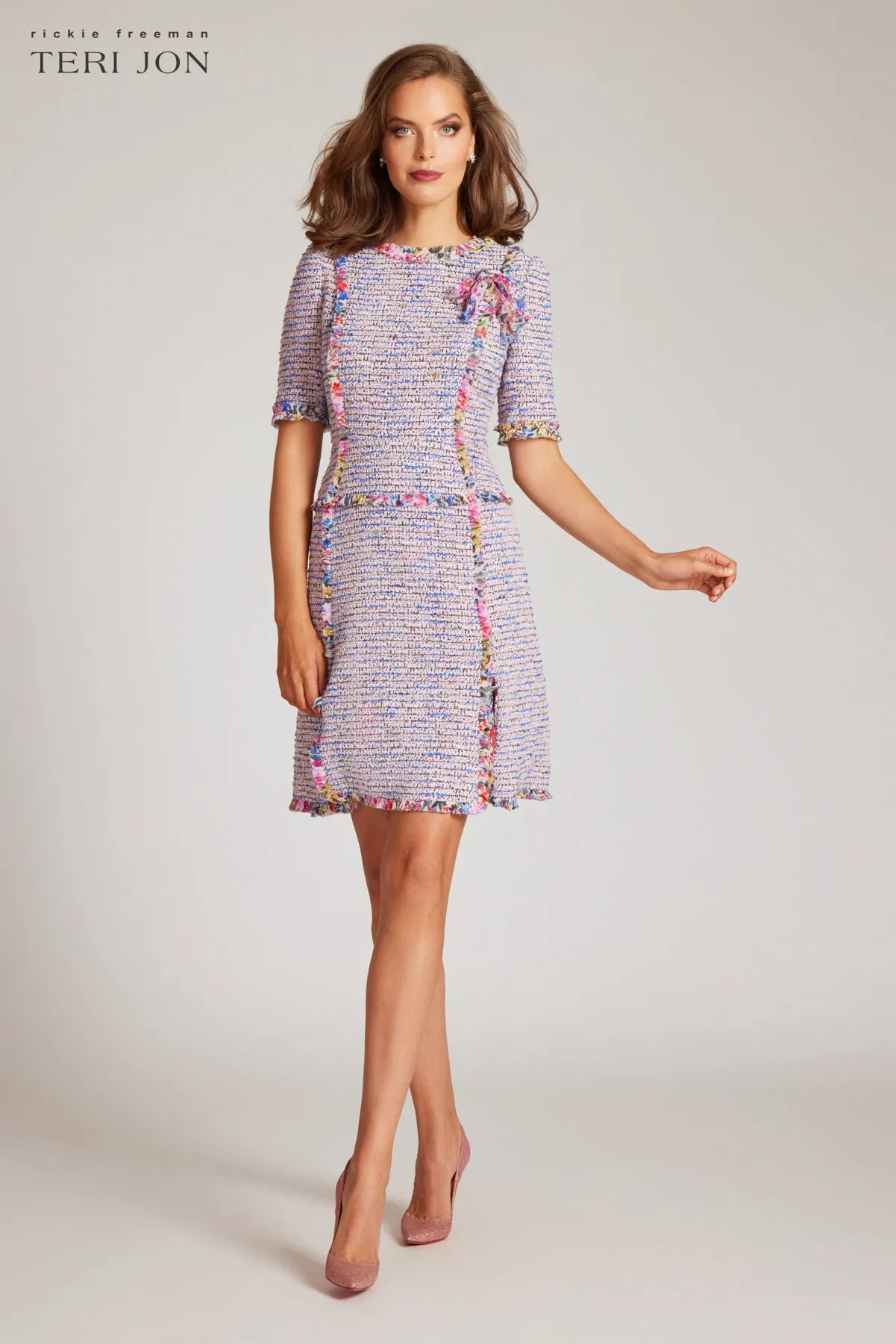 Boucle Tweed Chiffon Trim Short Sleeve Dress sold by Teri Jon product image thumbnail 5