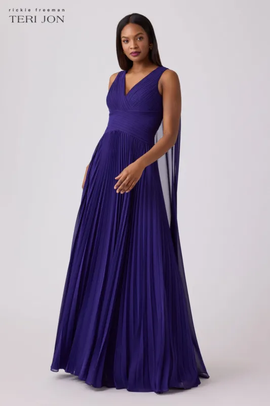Chiffon Pleated Cape Back V Neck Gown sold by Teri Jon
