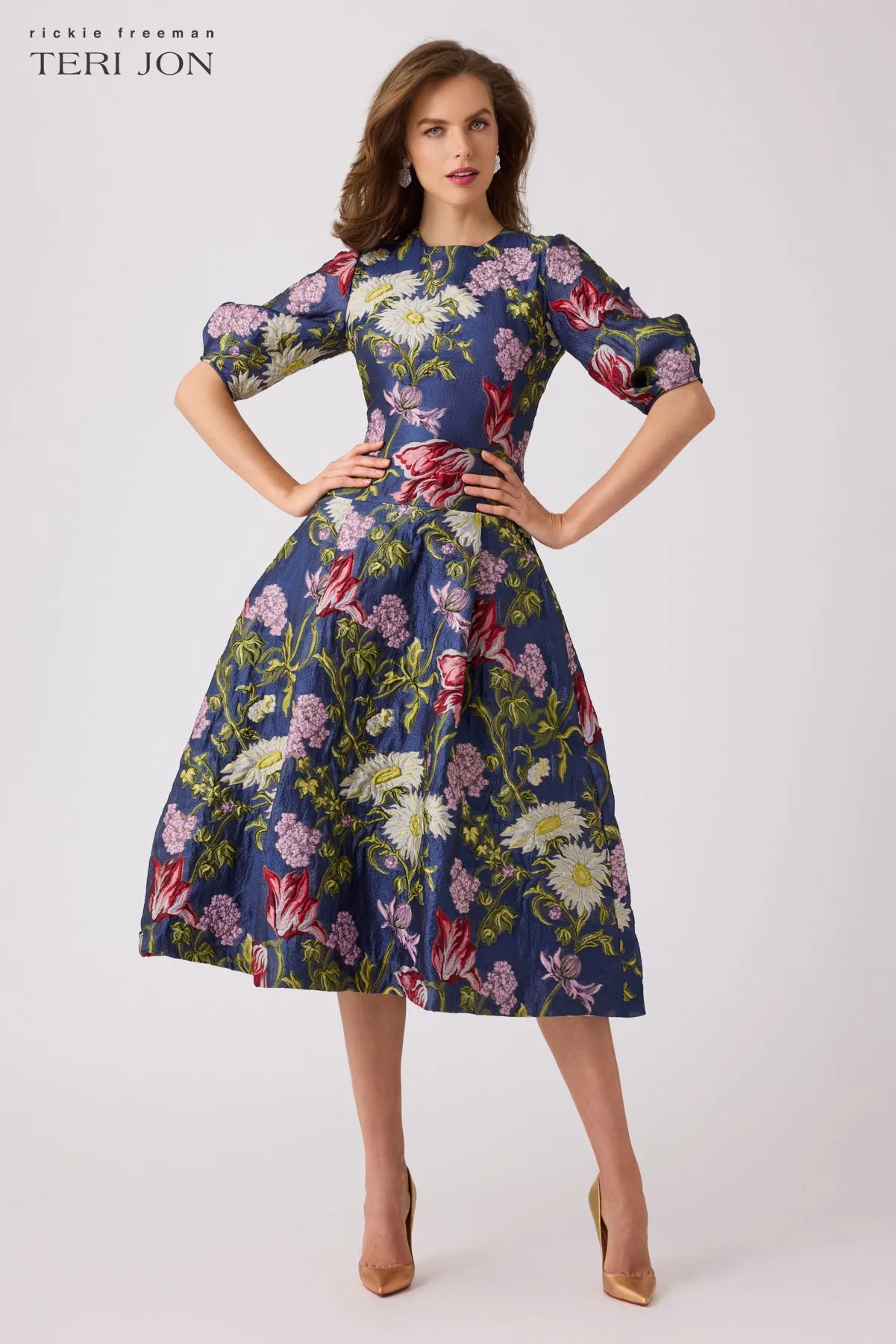 Melanie Lyne Jacquard Print Dress Jacquard Floral Drop Waist