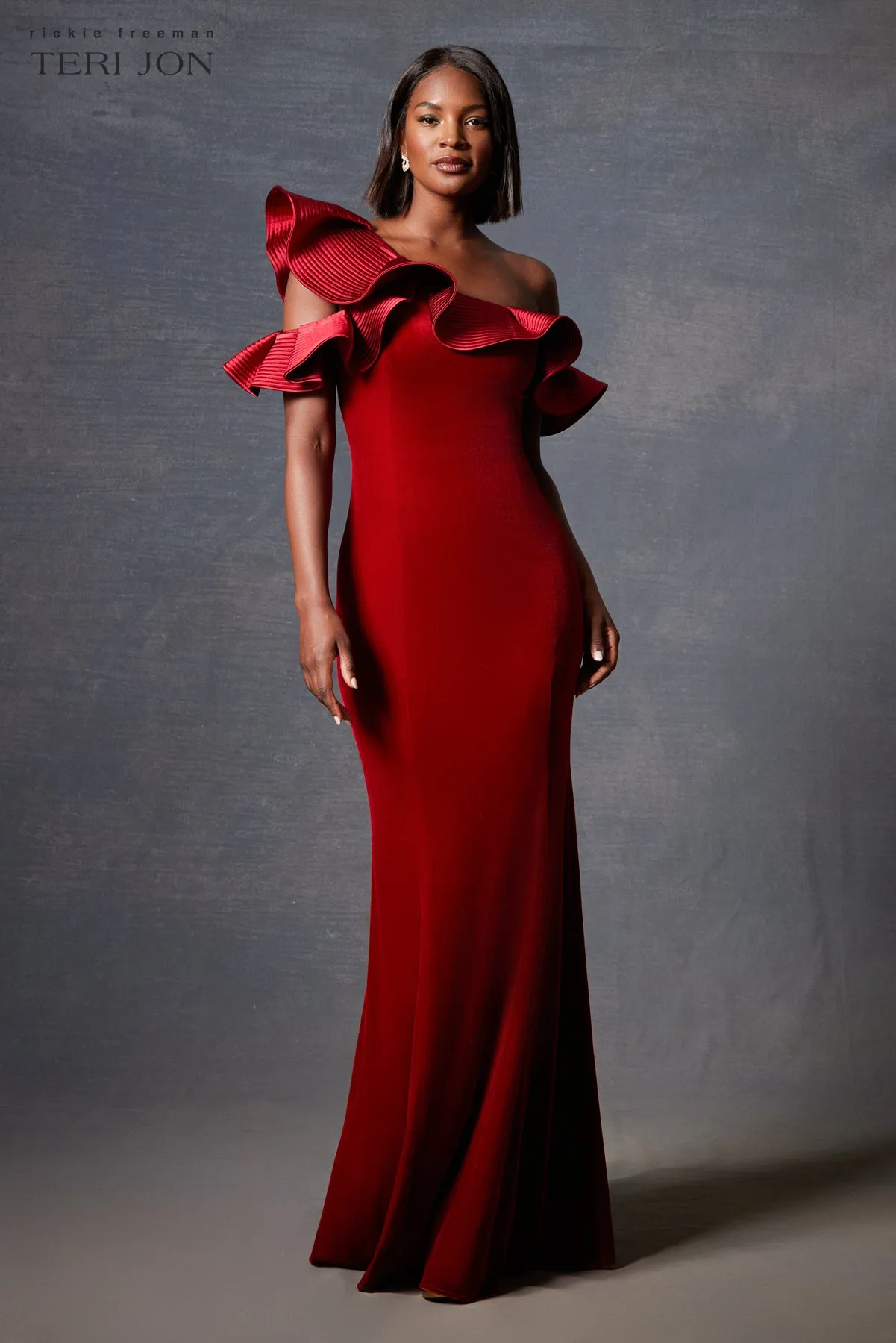 Velvet Trapunto Ruffle Asymmetrical Gown sold by Teri Jon