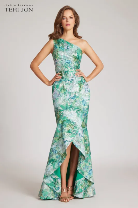 One Shoulder Jacquard Front Slit Gown sold by Teri Jon