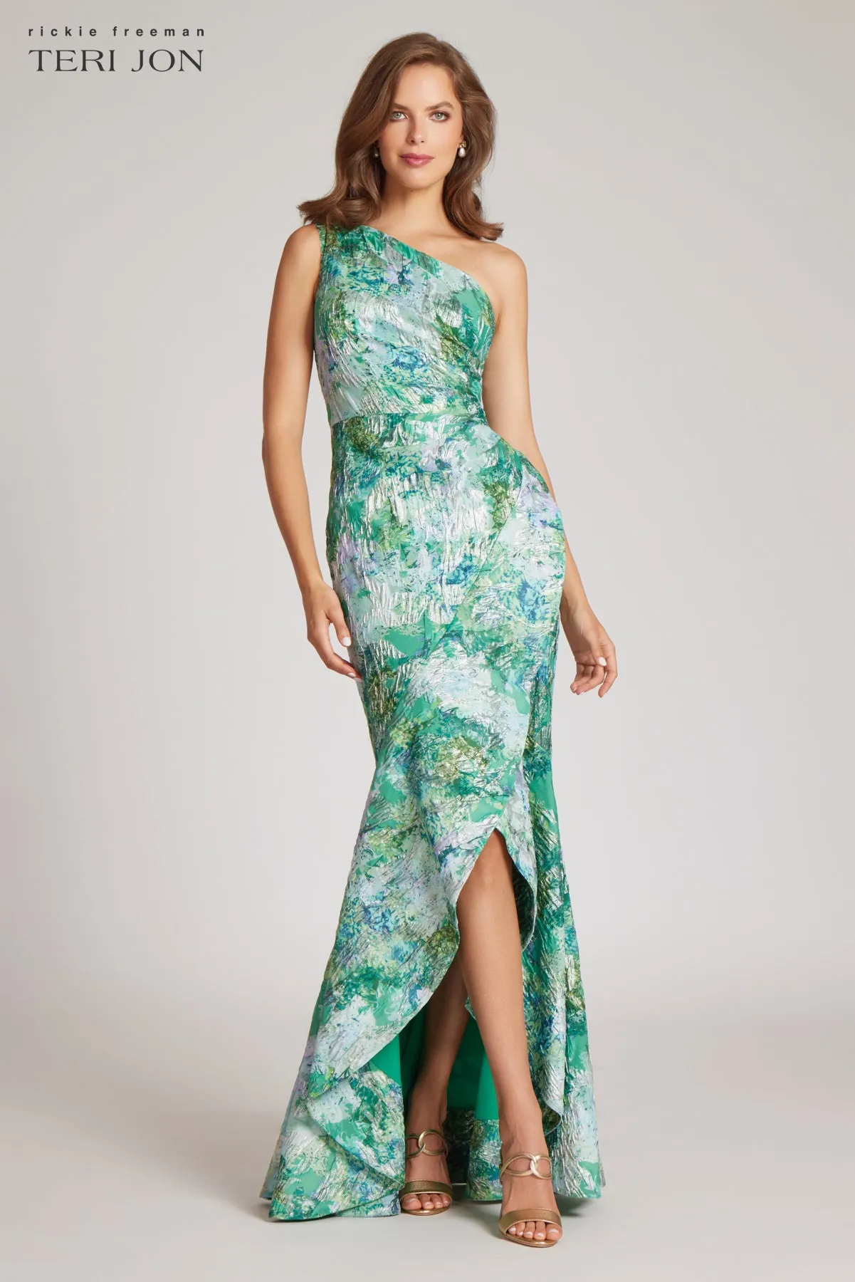One Shoulder Jacquard Front Slit Gown sold by Teri Jon product image thumbnail 2