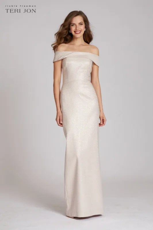 Jacquard Off The Shoulder Column Gown sold by Teri Jon